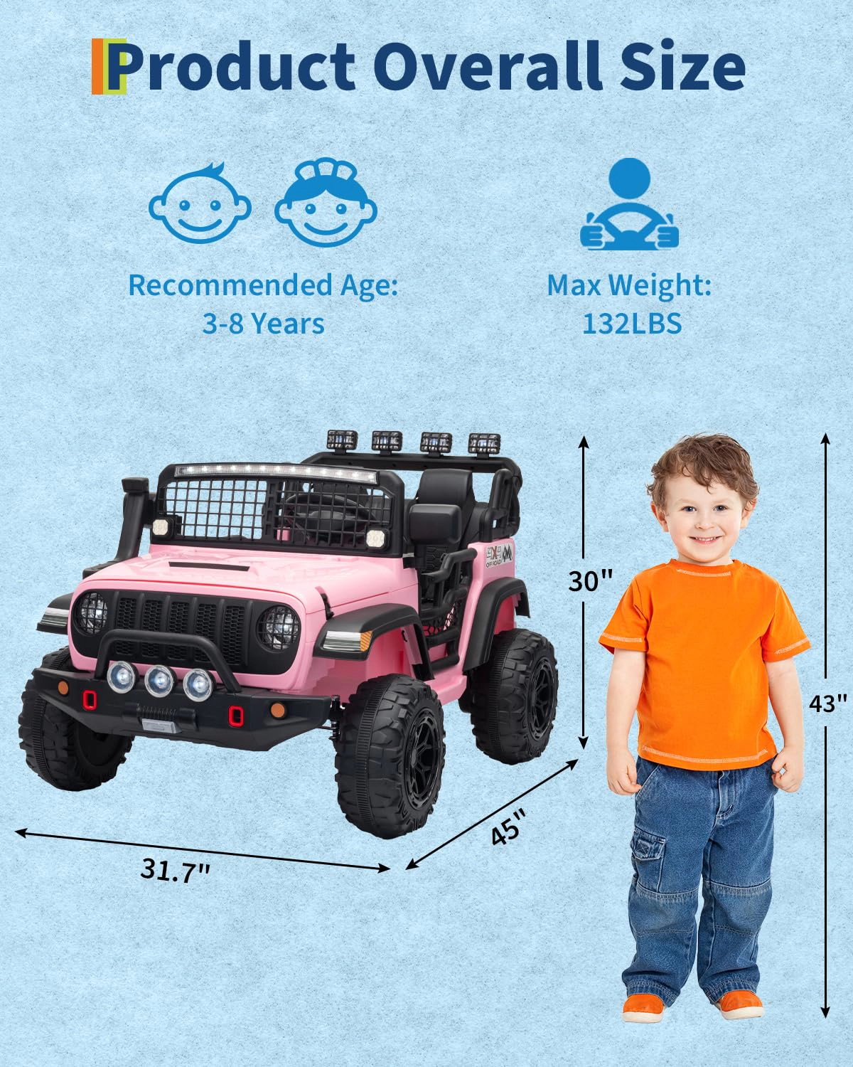 24V 2-Seater Kids Electric Ride On Truck with Remote, Dual 200W Motors, 20" Seat, LED Lights, Music