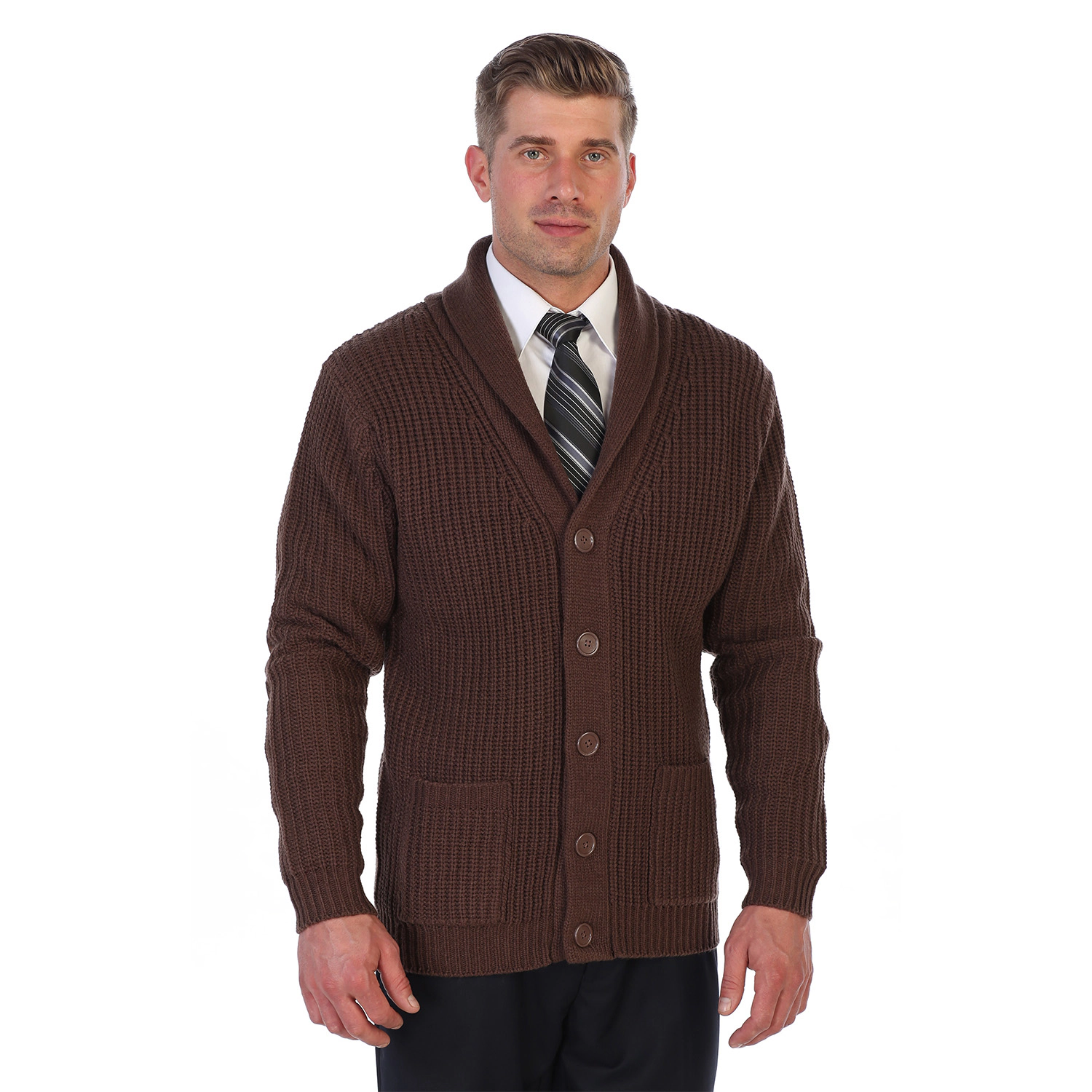 Gioberti Men's Heavy Weight Shawl Collar Knitted Regular Fit Cardigan With Faux Suede Elbow Patch