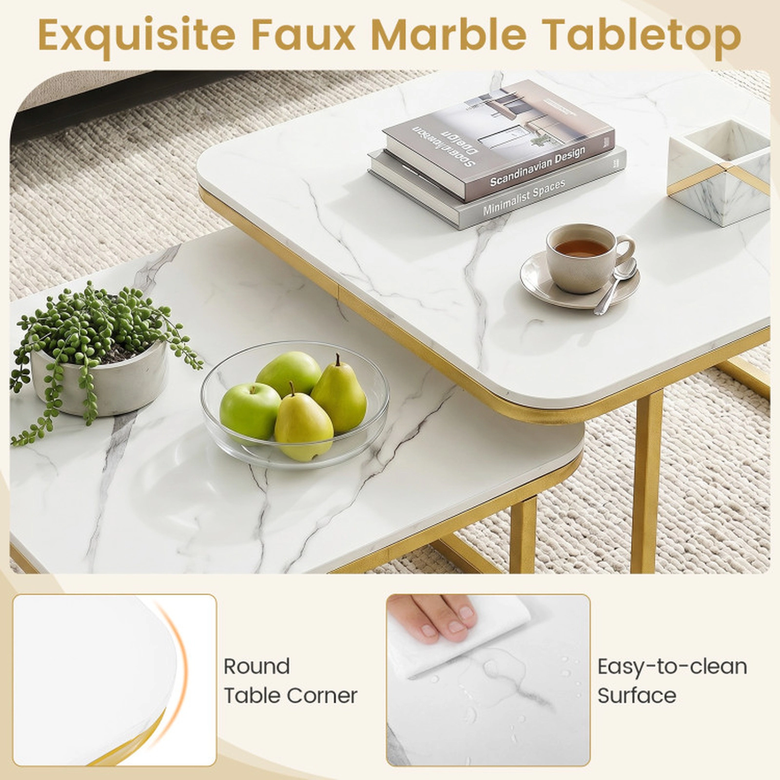 SUGIFT Nesting Stacking Coffee Table Set of 2 with Faux Marble Top and Metal Frame 66-lb Capacity White & Gold/Black