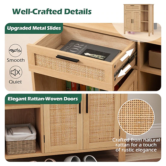 Hivvago Boho Buffet Sideboard Storage Cabinet With Drawer And Rattan Woven Doors