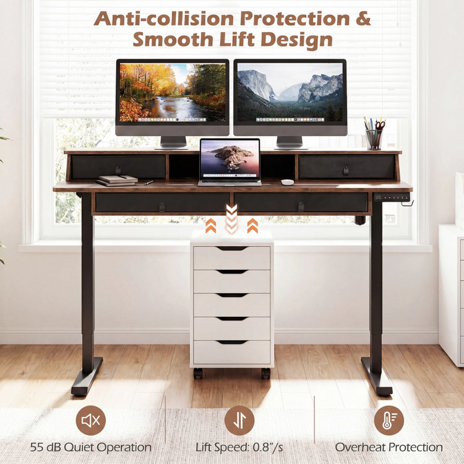 SUGIFT 55-Inch Rustic Brown Electric Standing Desk with Drawers and Monitor Stand