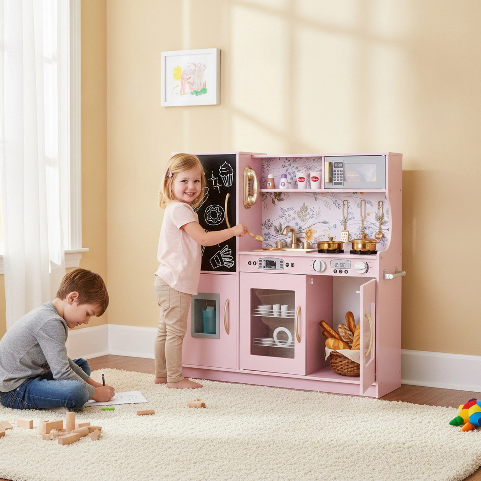 Light Pink Kitchen Playset Stove Cookware Lift-Out Sink Towel Rack 32-in Kitchen Play Set Blackboard Ages 3-6