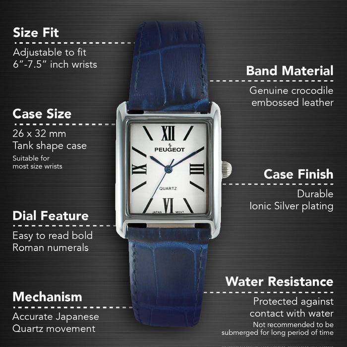 Peugeot Women's Tank Watch Roman Dial Blue Leather Strap