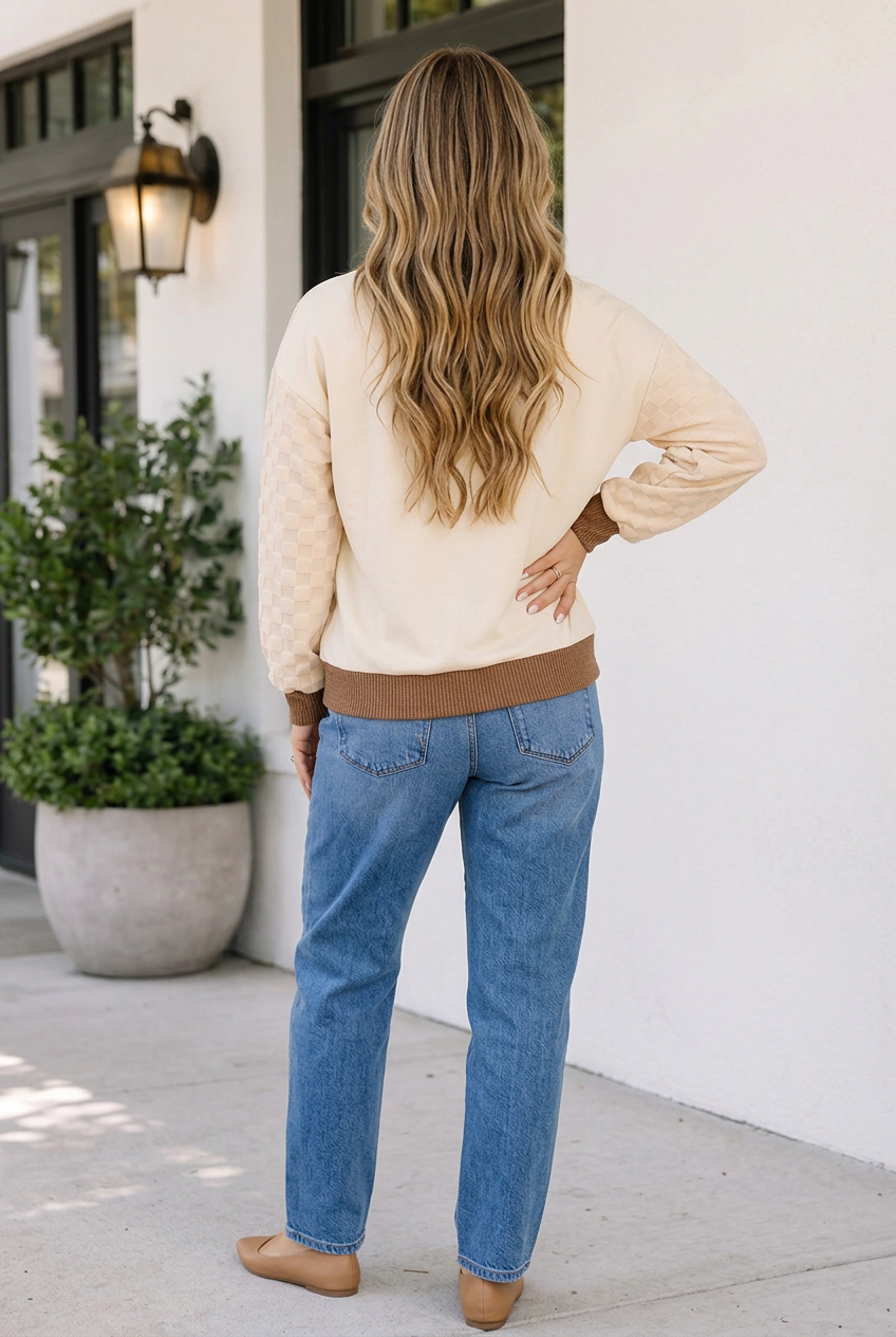 Threaded Pear Women's Linda Contrast Twisted Rib Long Sleeve Top