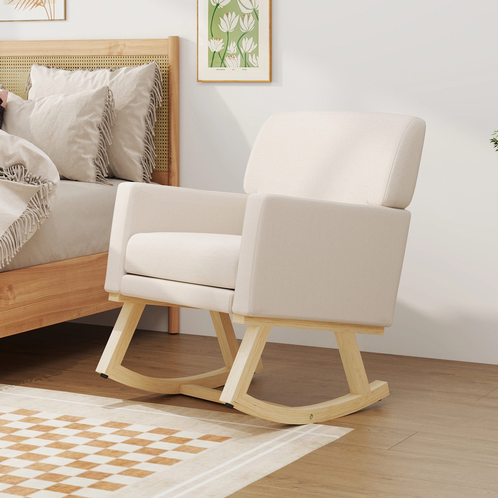LJG Upholstered Rocking Chair with Fabric Padded Seat and Solid Wood Base