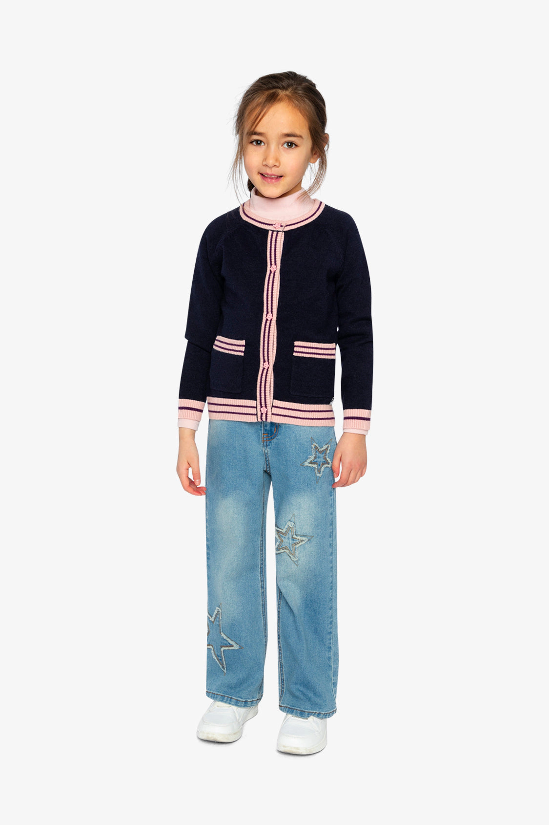 Deux par Girls Striped Trim Button-Front Knitted Cardigan