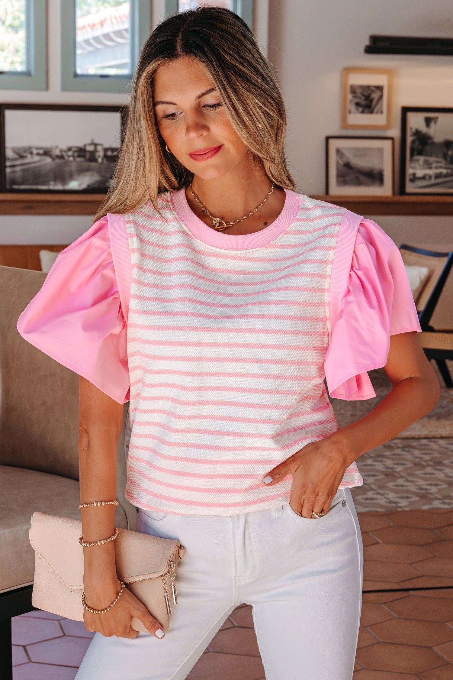 Threaded Pear Hope Short Sleeve Patchwork Blouse