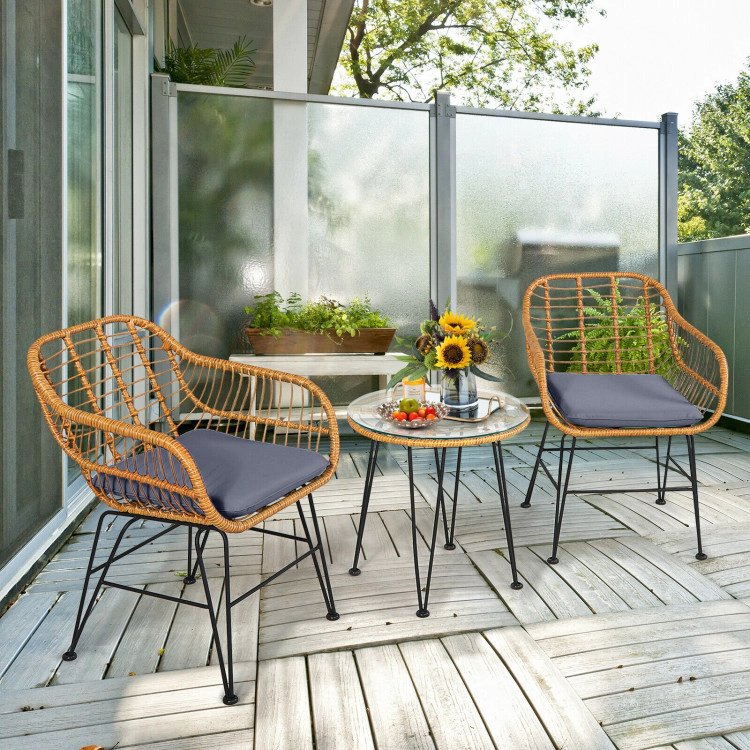 Hivvago 3 Pieces Rattan Furniture Set With Cushioned Chair Table