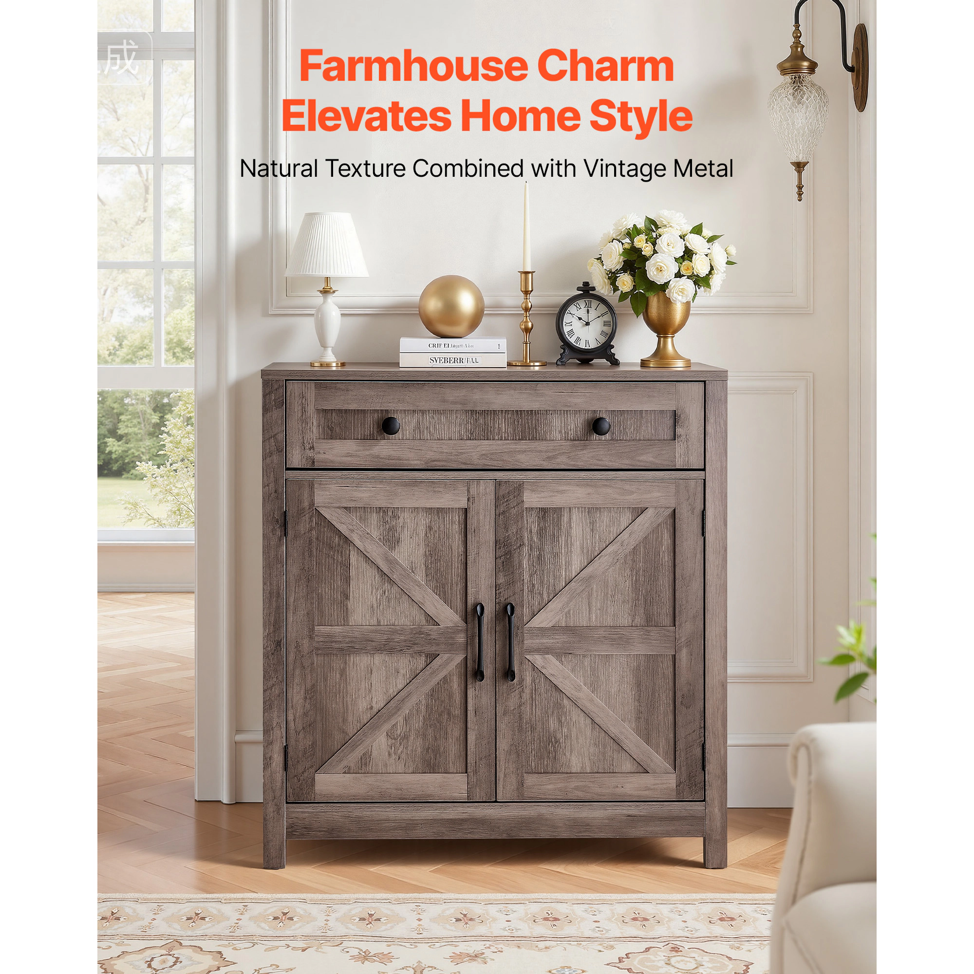 HONGGE Coffee Bar Cabinet Farmhouse Coffee Bar Cabinet with Coffee Bar Table with Barn Doors Farmhouse Sideboard Buffet