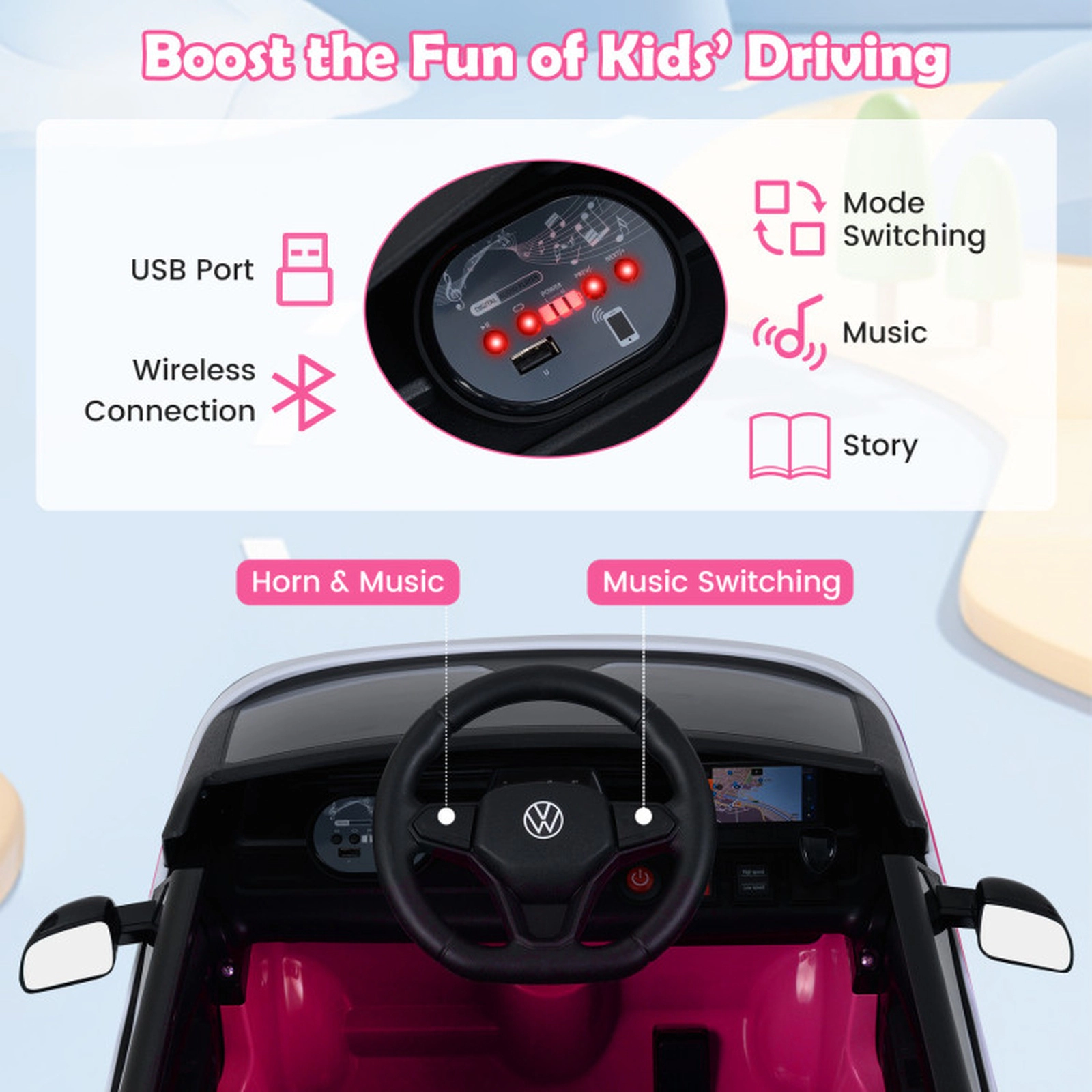 SUGIFT 12V Pink Kids Ride-On Bus with Licensed Volkswagen Body Music LED Headlights and Remote Control
