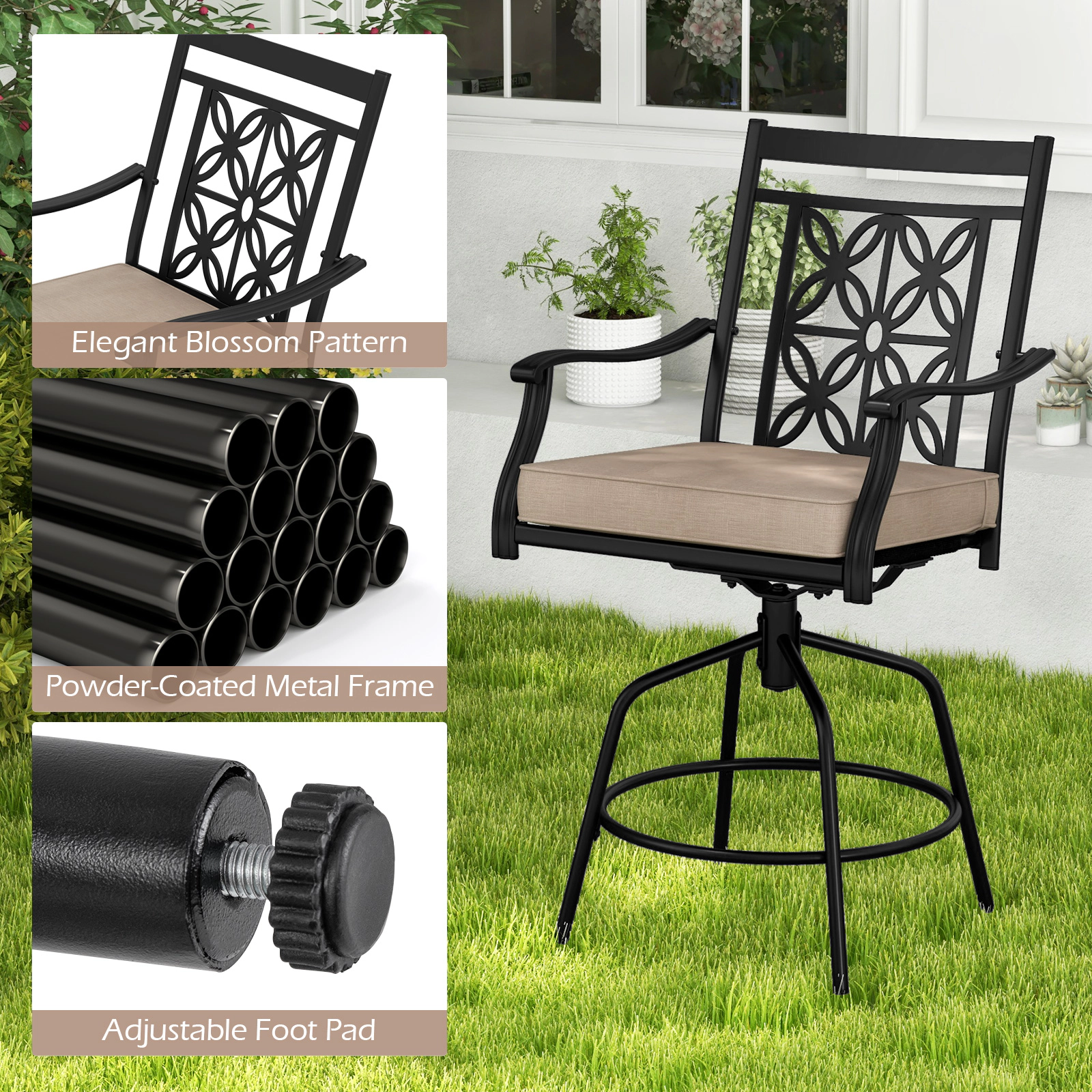 SUGIFT Set of 2 Brown Outdoor Swivel Bar Stools, 350 lb Capacity, Cushions and Armrests