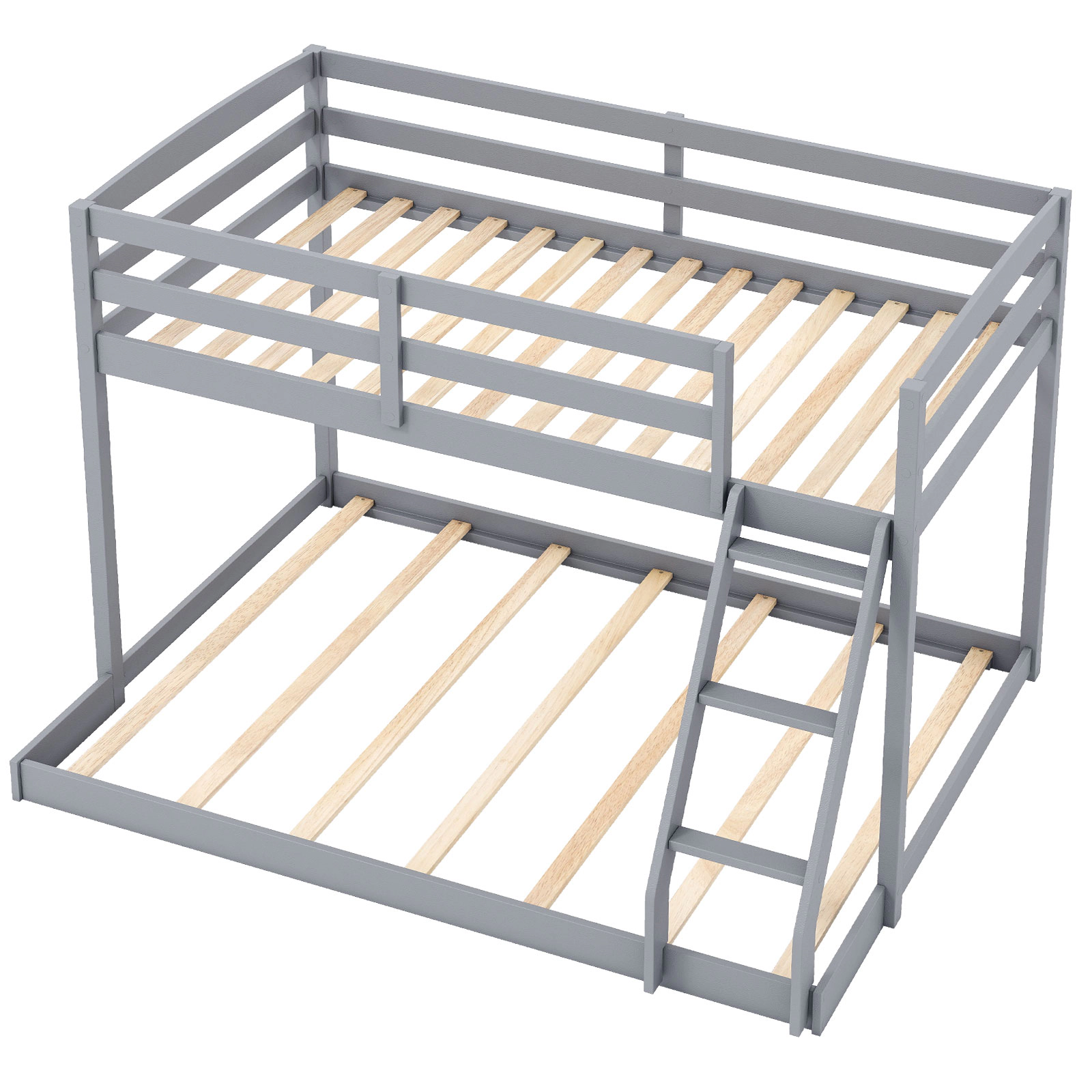 SUGIFT Twin Over Full Low Floor Bunk Bed Frame Guardrails & Ladder 250-lb Upper 350-lb Lower Capacity Gray/White/Natural