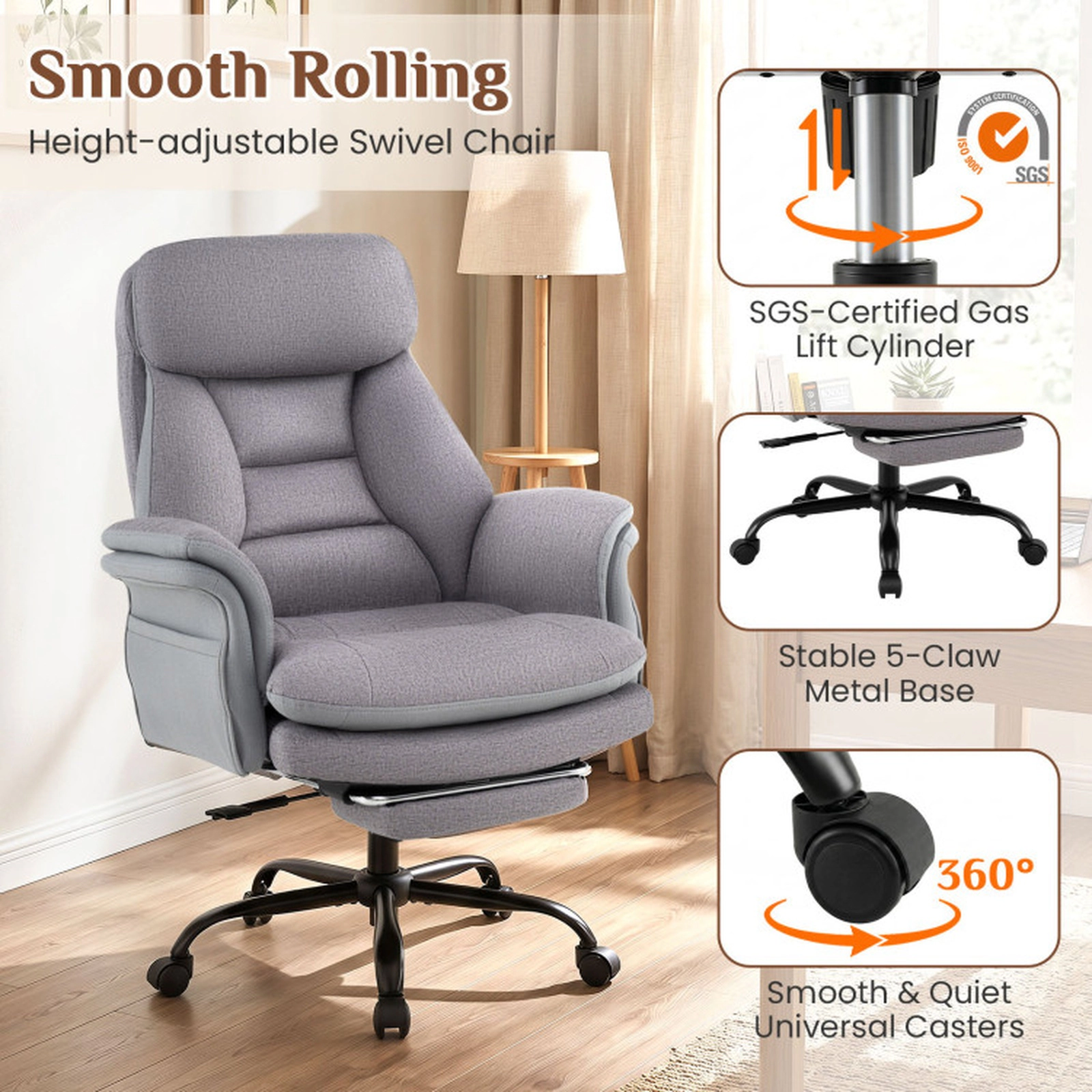 SUGIFT Ergonomic Big and Tall Office Chair with 500-Lb Capacity and Retractable Footrest Gray