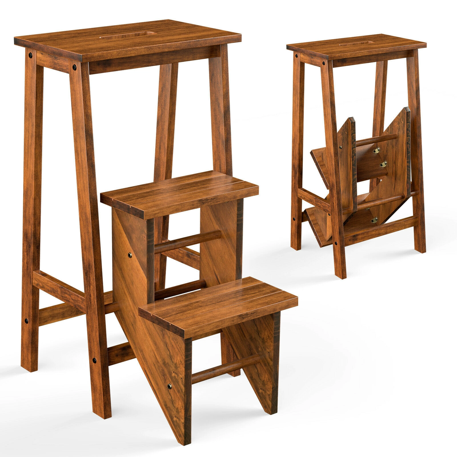 SUGIFT 3-in-1 Convertible 3-Tier Rubber Wood Folding Step Stool Ladder 22.5-in x 16-in x 30-in 200-lb Capacity Coffee