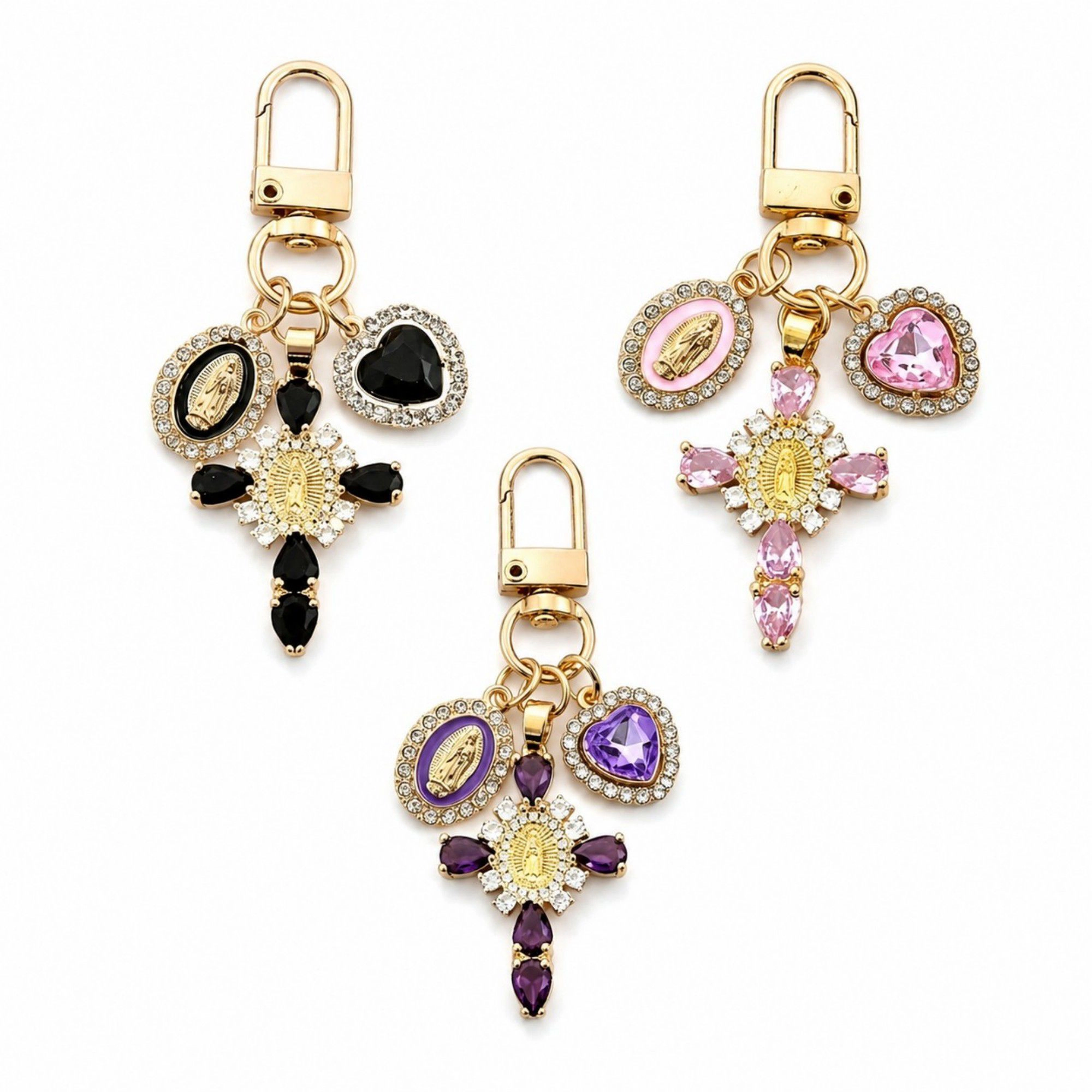 Alilang Women's 3pc Cross Keychain Bag Charm with Rhinestone Heart Pendant and Medallion Accent