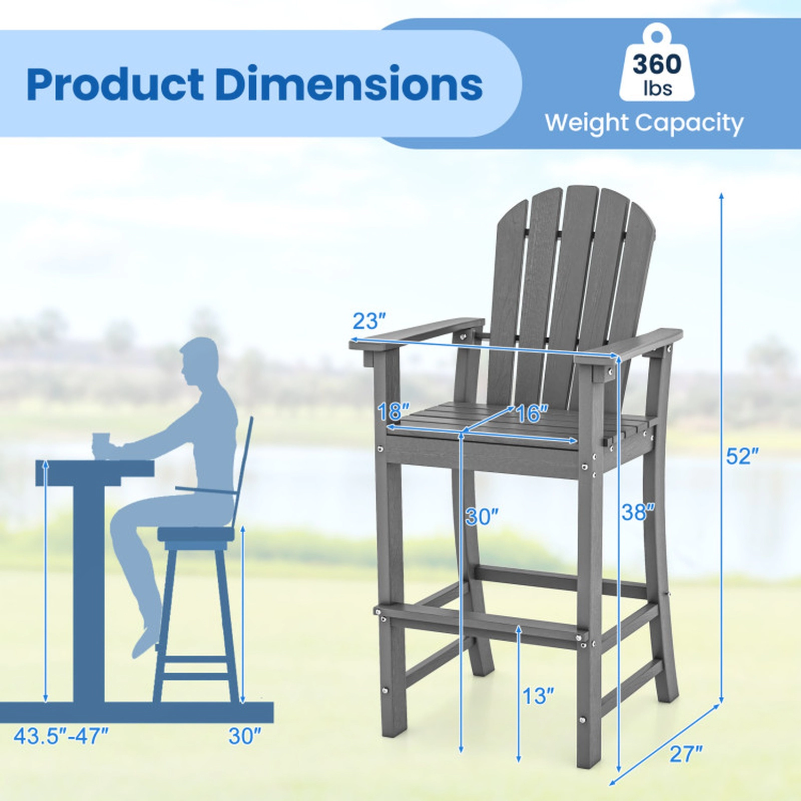 SUGIFT Armrests and Footrest Set of 2 Counter Height Outdoor HDPE Bar Stools