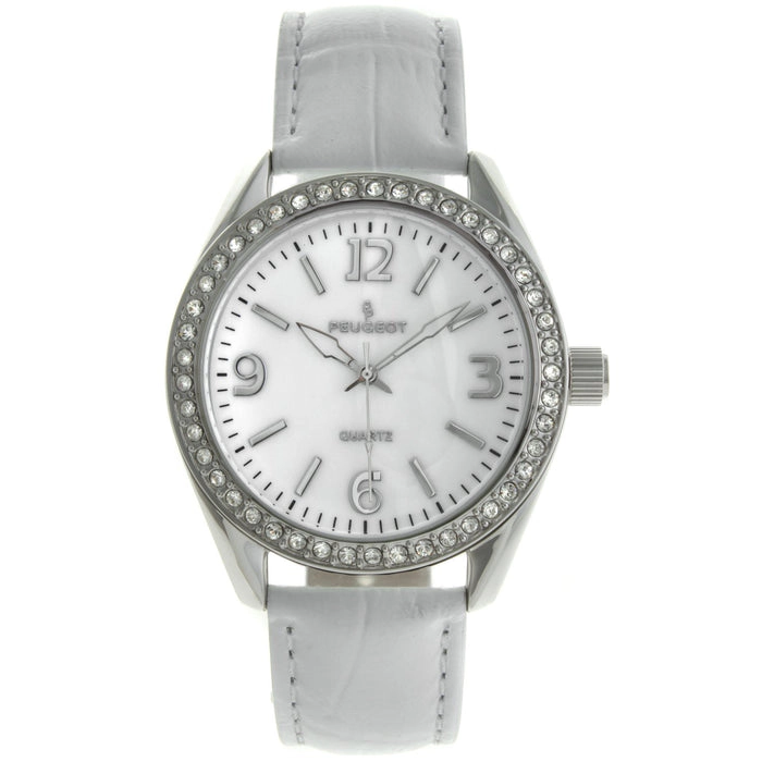Peugeot Women's White Watch 40mm Bold Crystal Bezel Leather Strap