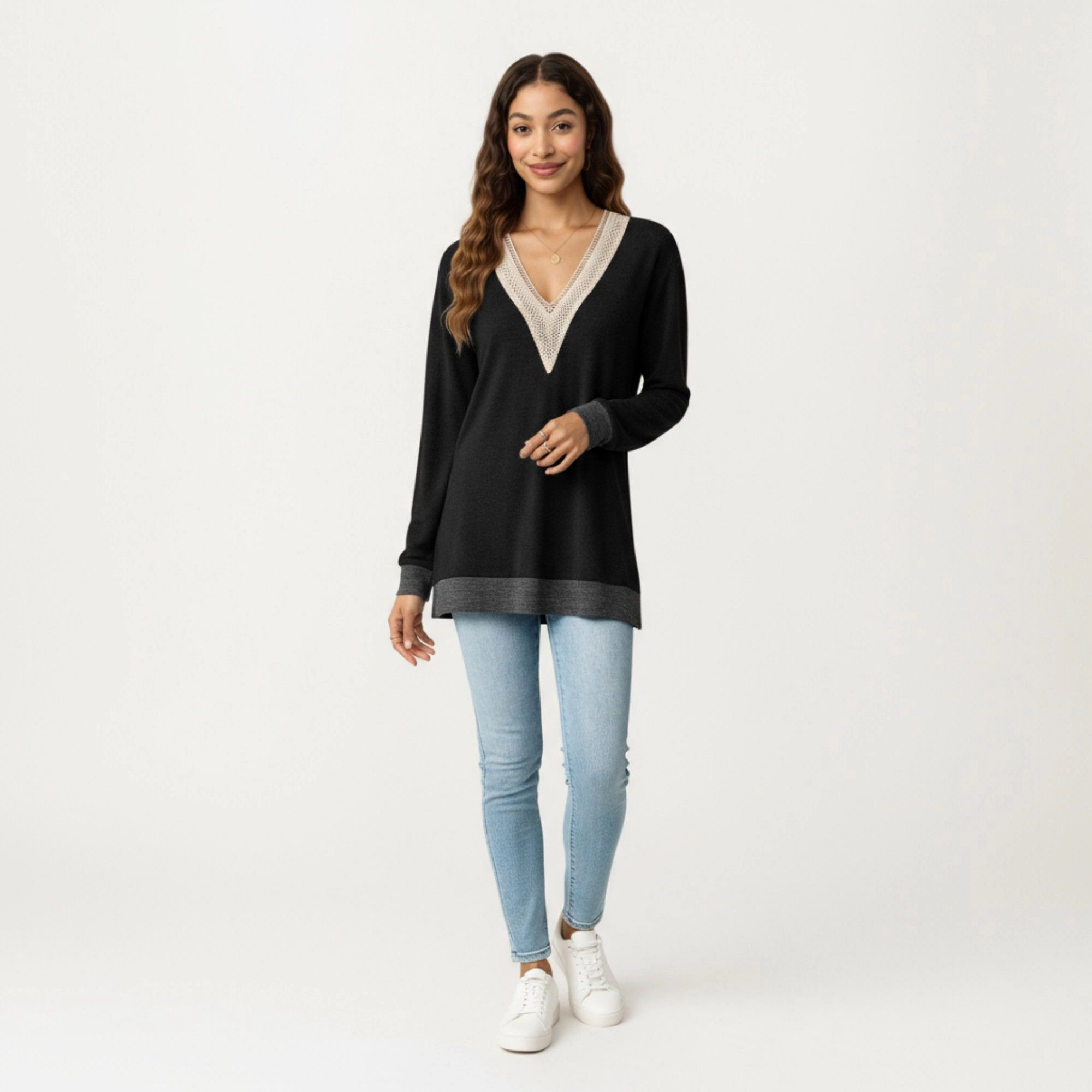 Anna-Kaci Women's Contrast Crochet Trim V-Neck Relaxed Hem Long Sleeve Top