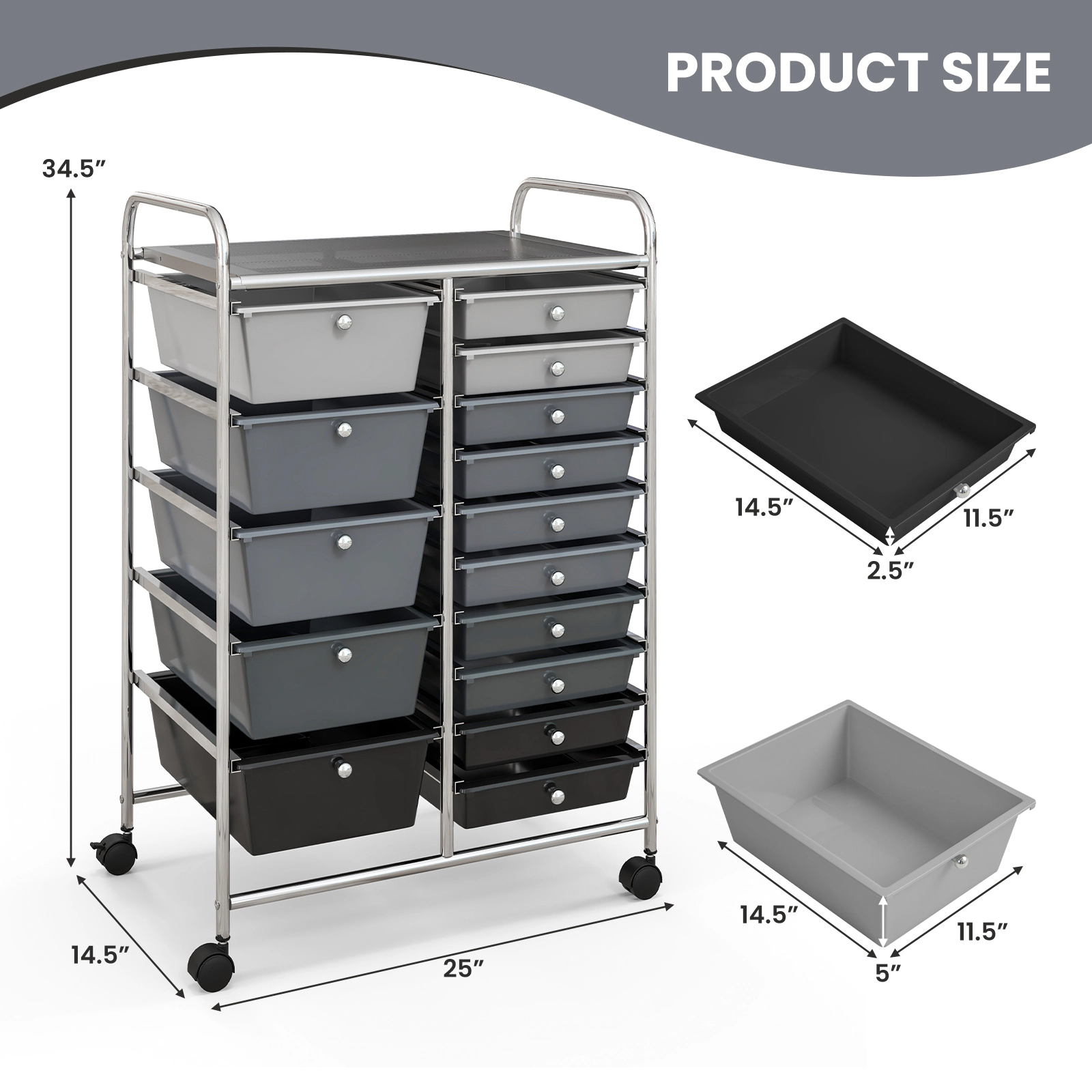 SUGIFT 15-Drawer Rolling Storage Cart Utility Organizer with Steel Frame