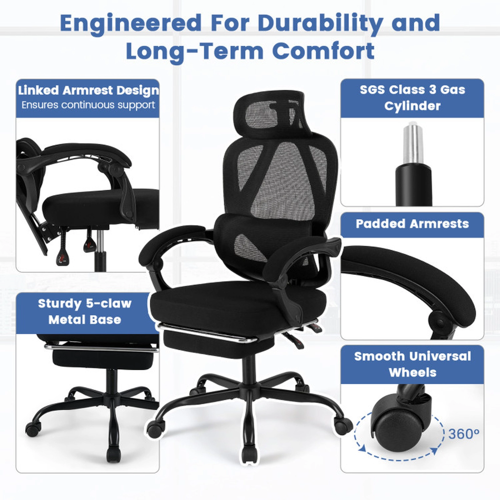SUGIFT High Back Retractable Footrest Adjustable Lumbar Mesh Office Chair 27.5-in x 27.5-in x 44.5-in 350-lb Black