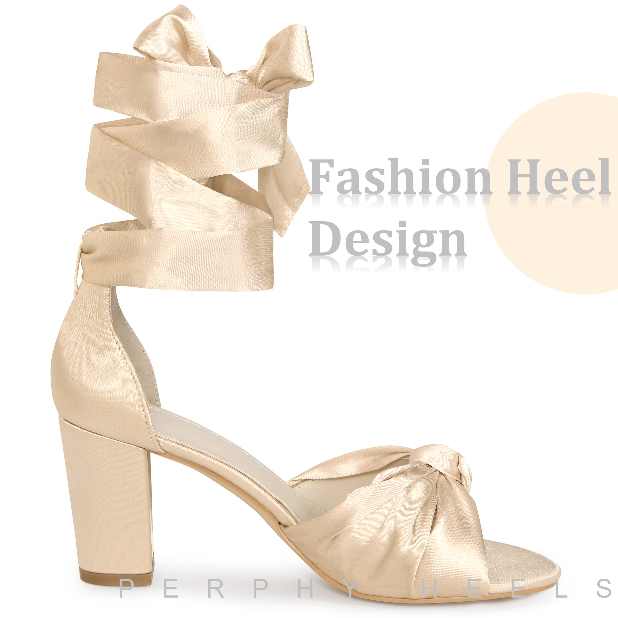 BLISSFUL STEP Women's Satin Open Toe Lace Up Chunky Heel Block Heels Sandals
