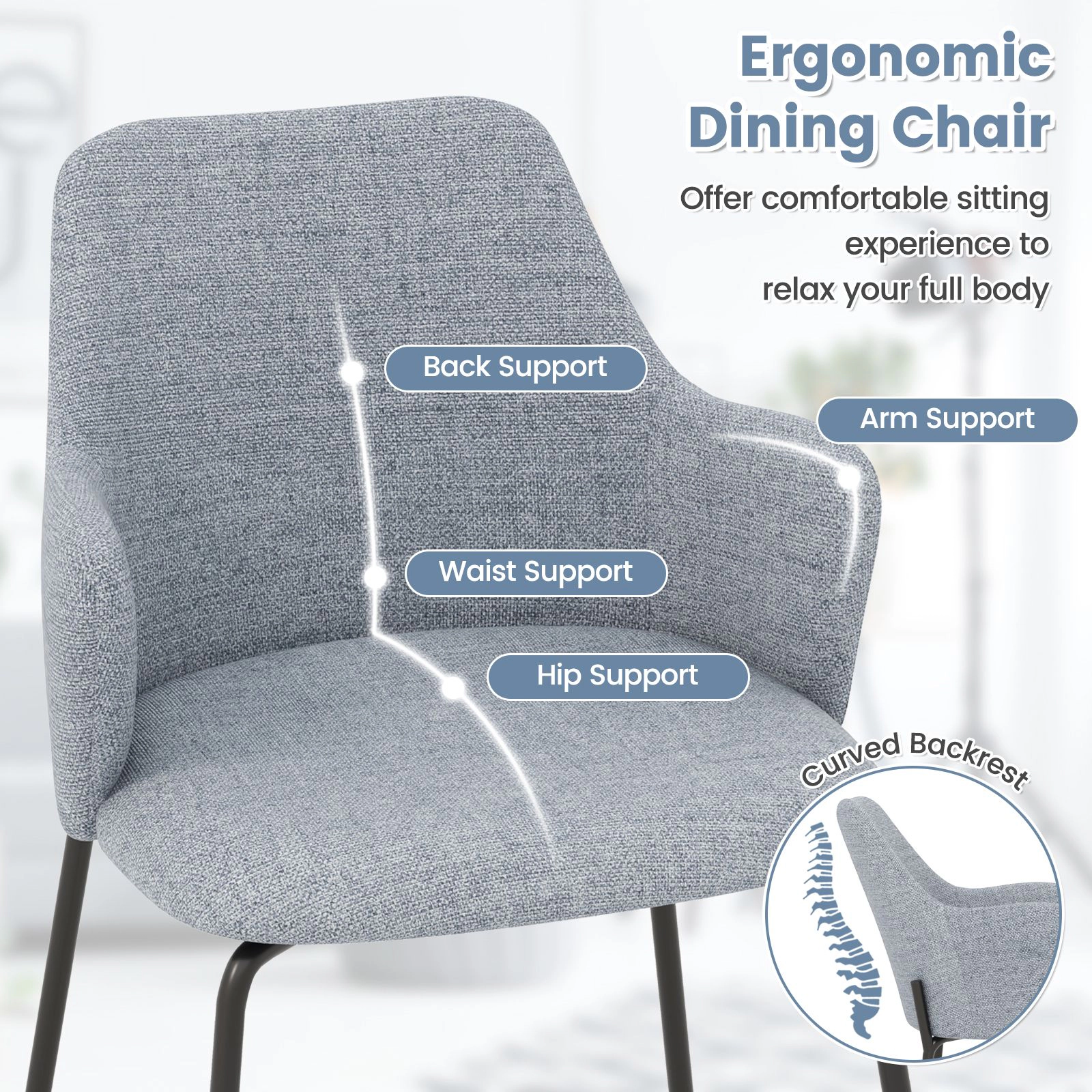 SlickBlue Gray Modern Dining Chair, Metal Frame, Upholstered Seat, 330 lbs