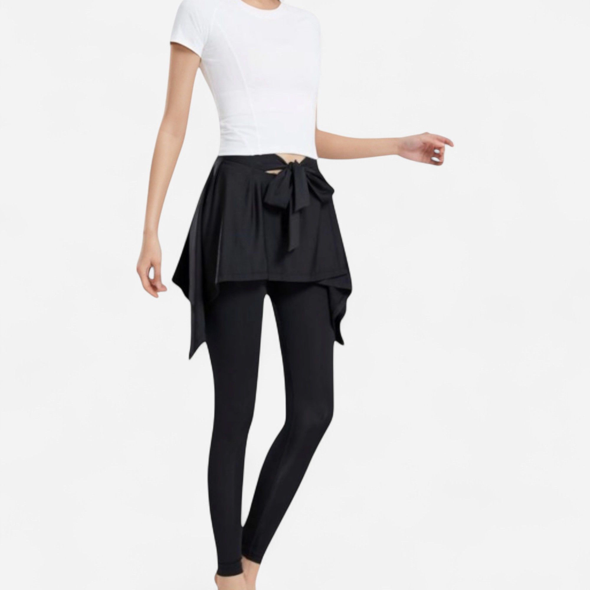 Anna-Kaci Active Women's Full-Length Leggings with Attached Tie-Front Skirt Overlay for and Casual Looks
