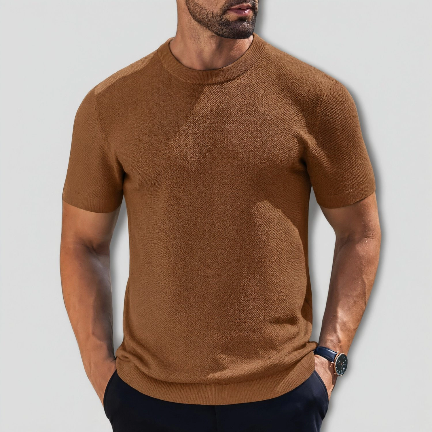 COOFANDY Mens Short Sleeve Knit T-Shirt Fall Crew Neck Ribbed Trim Casual Slim Tee