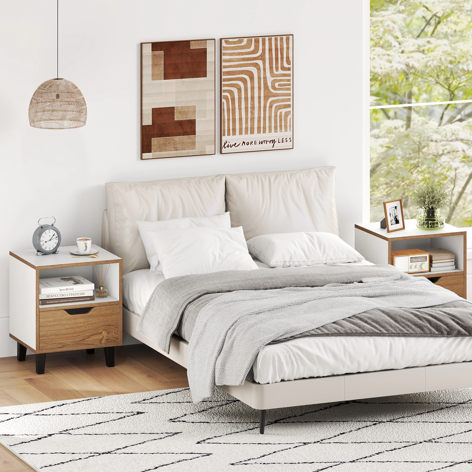 Glintex 2-Piece Compact Color-Blocked Nightstand Set with Deep Drawers, White