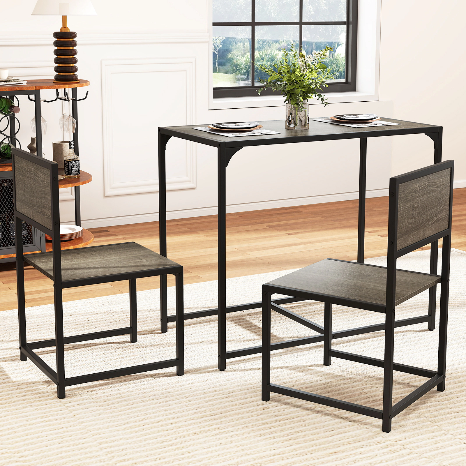 SUGIFT 3-Piece Compact Dining Set, Rustic Brown Table with 2 Armless Chairs