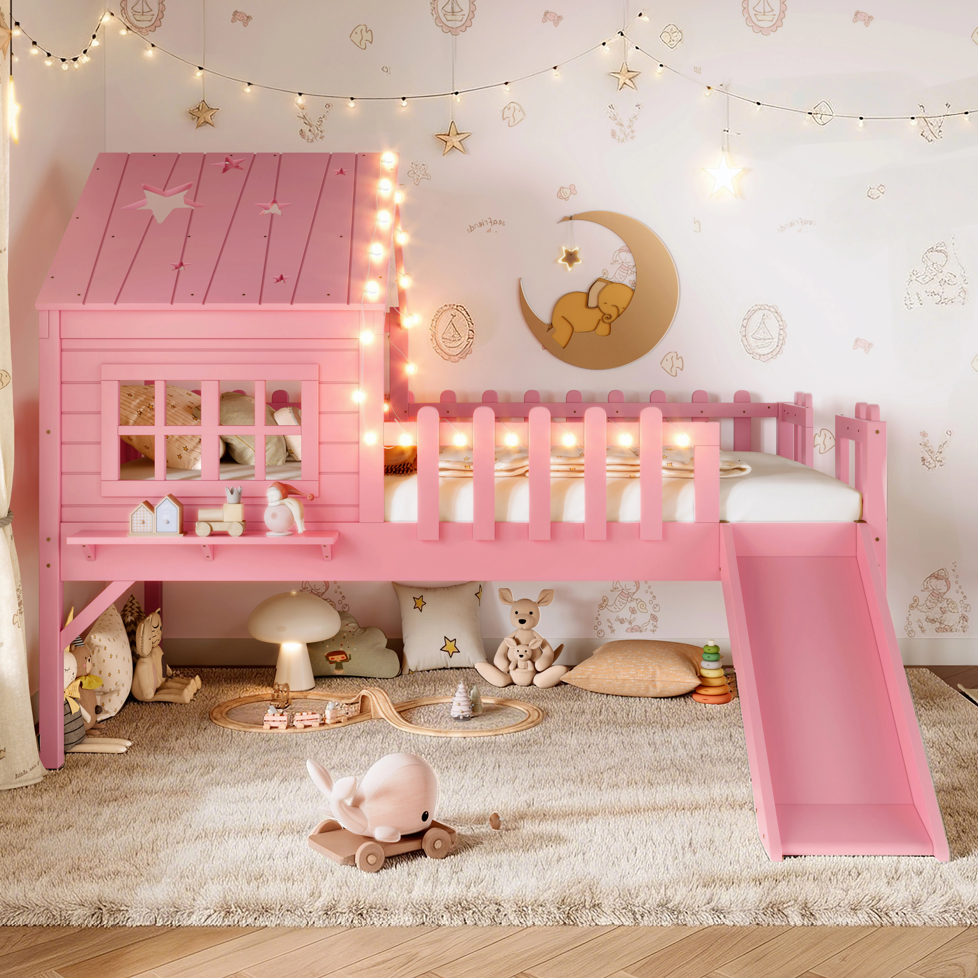 Flynama Twin House Loft Bed with Slide, LED Lights & Window, Pink Kids Playhouse