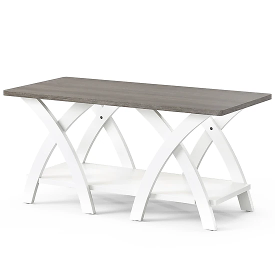 SUGIFT 2 Tier MDF Rubber Wood X Frame Open Shelf Farmhouse Coffee Table In Gray