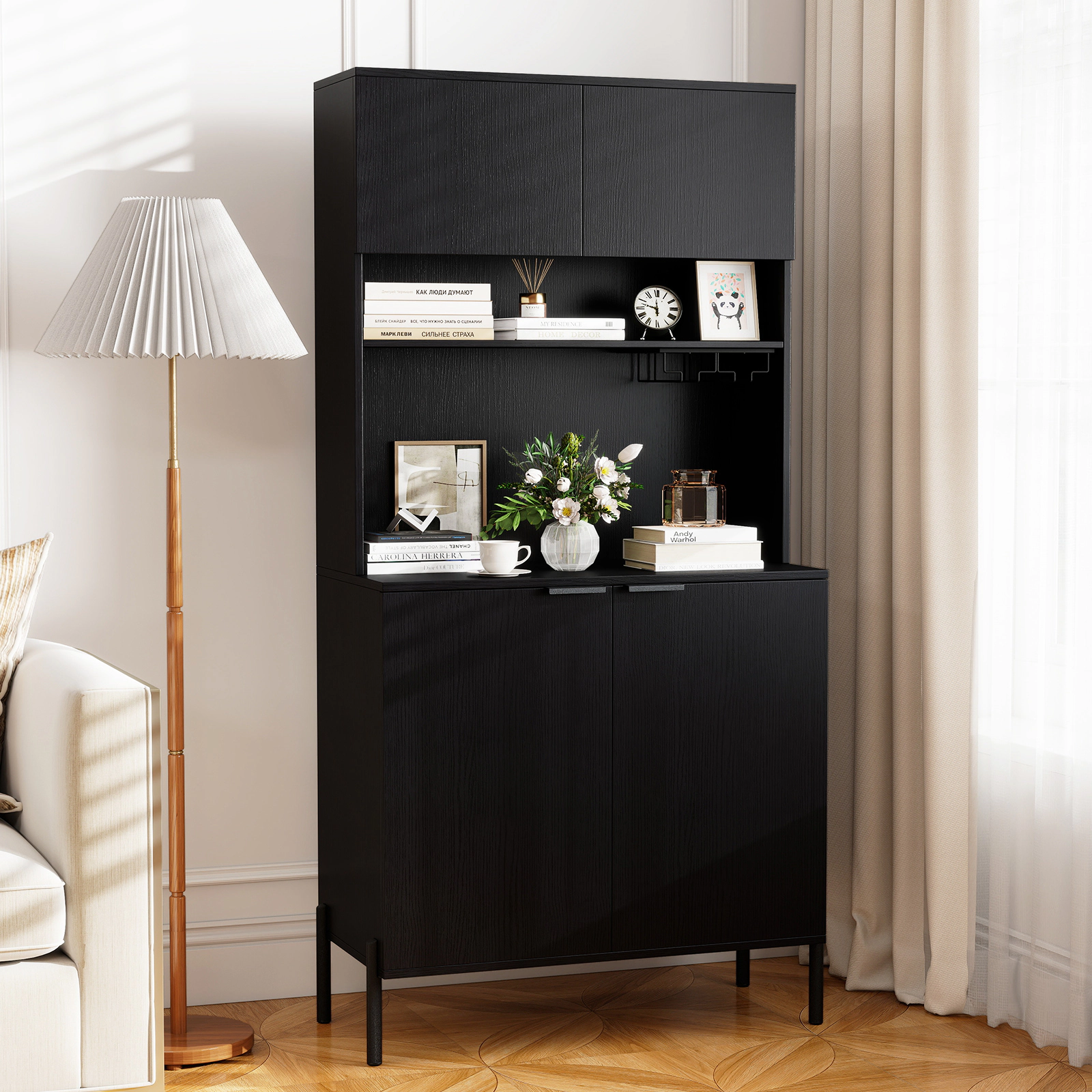 SUGIFT 64.5-in Tall 90-lb Countertop Black Pantry Cabinet with Charging Station Wine Glass Rack and Open Shelf