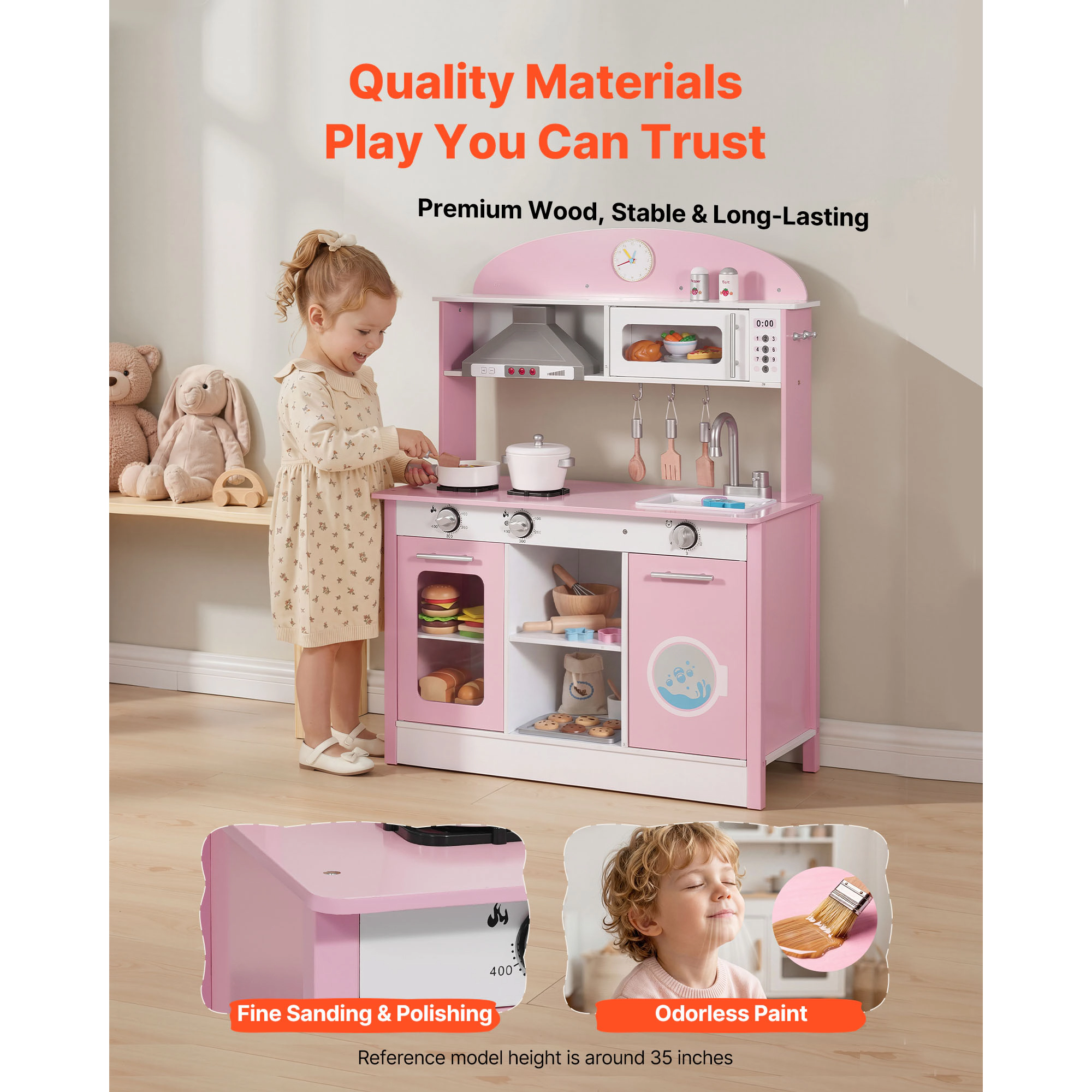 HONGGE Play Kitchen for Kids, Wooden, Kids Playset with Real Lights & Sounds, Food Cookware