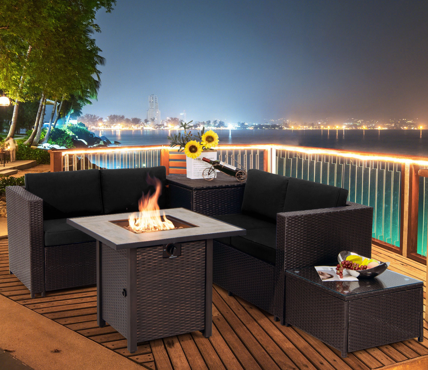 LJG 5-Piece Patio Furniture Set with 30 Inches Gas Fire Pit Table Outdoor PE Wicker Sofa Set