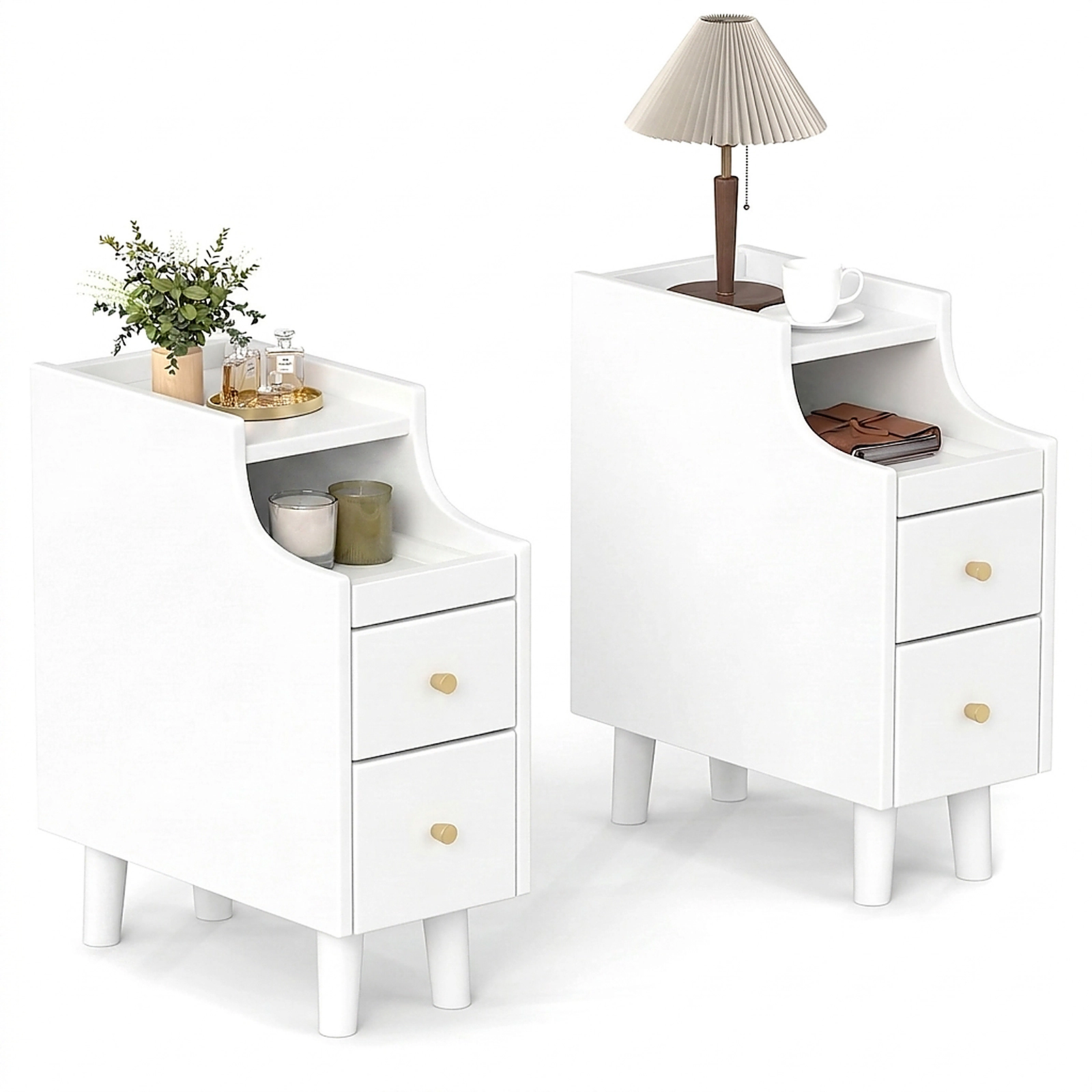 SUGIFT Set of 2 White Narrow Nightstands, 20-Inch Bedside Tables with Pull-Out Trays and 2 Drawers