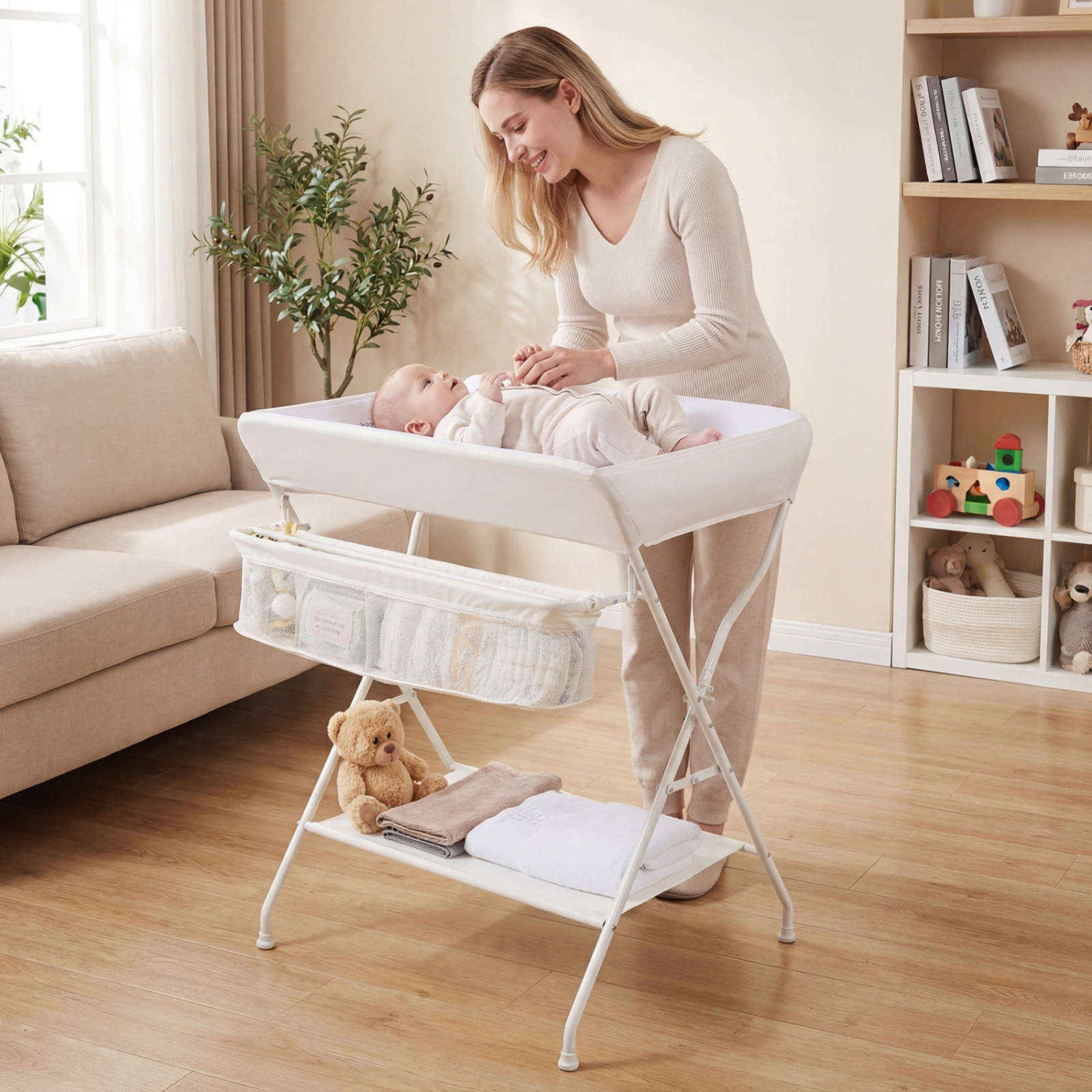 SUGIFT Foldable Steel Diaper Changing Table with Storage 24-lb Capacity Ages 0-12 Months Black/Gray Beige