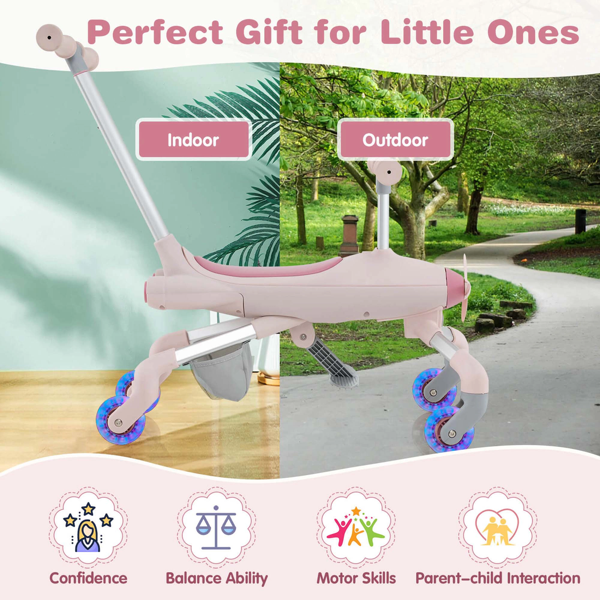 Costway 2-in-1 Kids Ride-on Push Car with LED Lighted Wheels Removable & Adjustable Handle