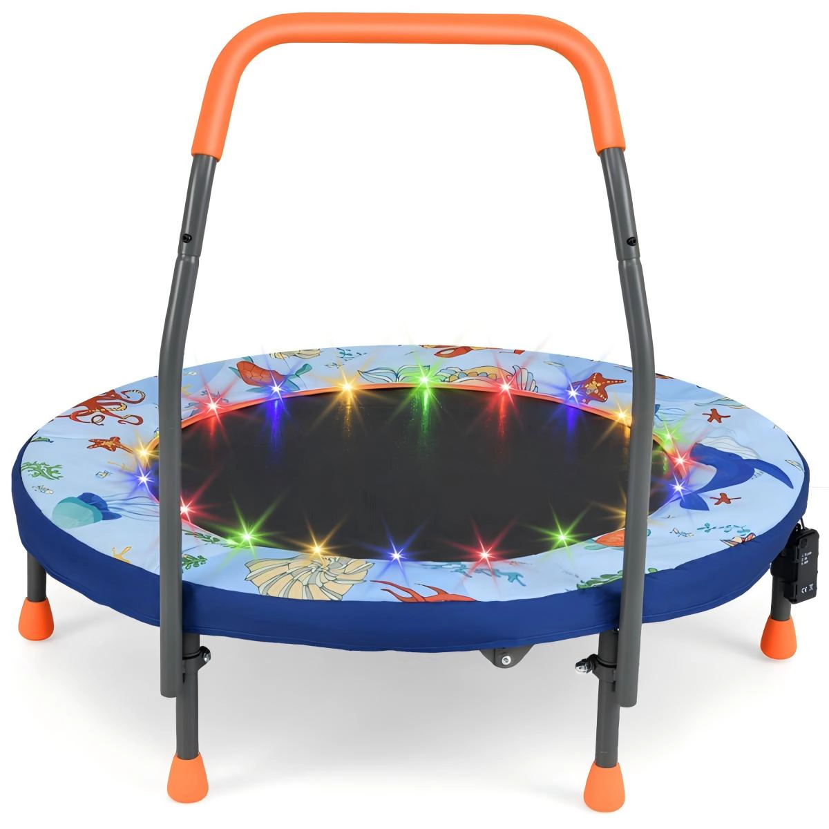SUGIFT Folding Mini Trampoline Rebounder with LED Lights 55-lb Capacity Ages 3+ 36-in Frame with Foam Handrail Blue