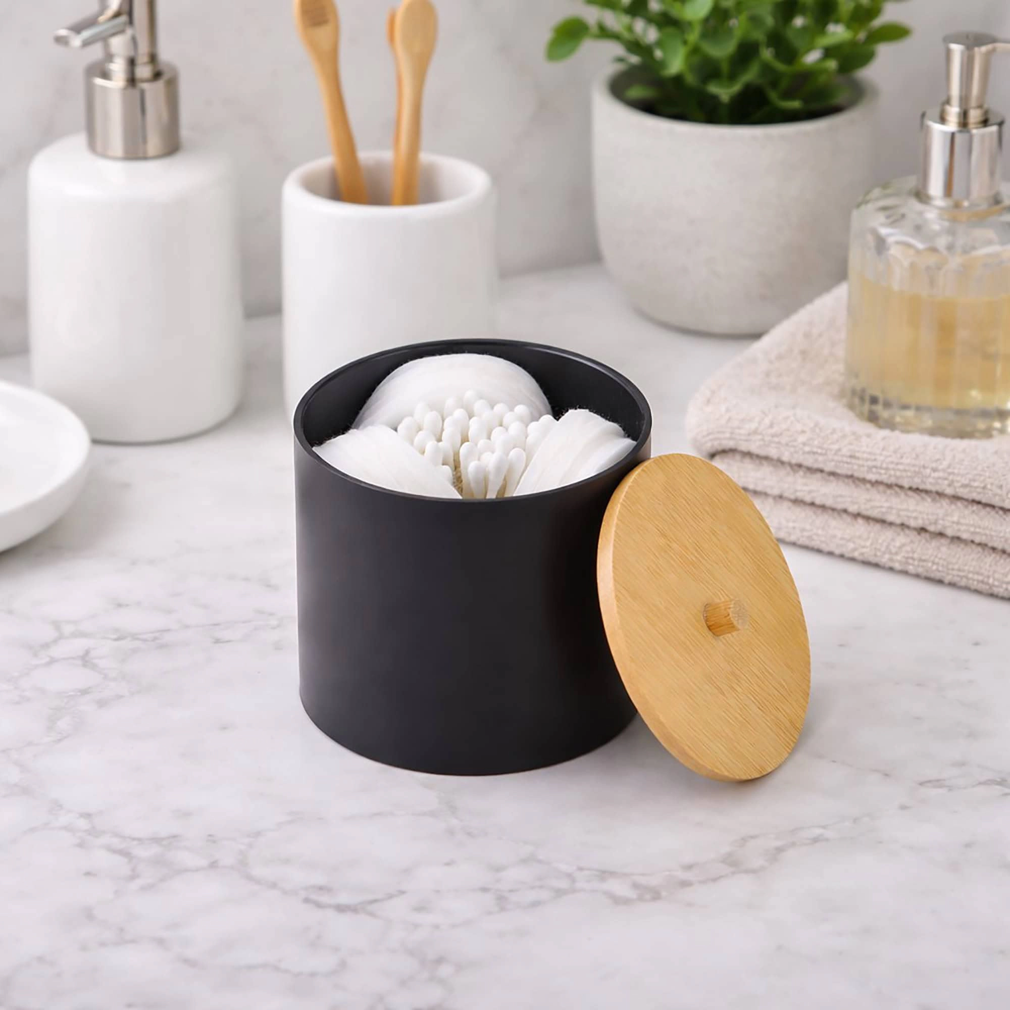 Evideco French Home Goods Padang Cotton Pad and Swab Holder with Bamboo Lid, Matte Polystyrene, Round