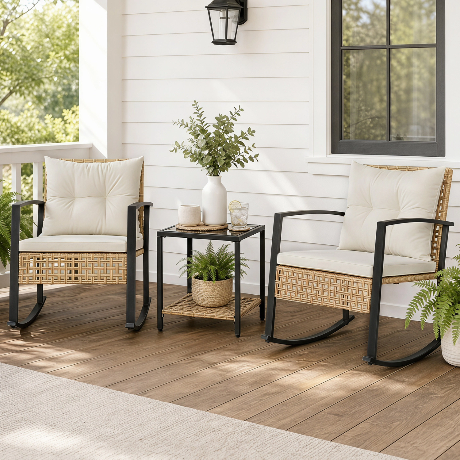LJG 3-Piece Rattan Wicker Patio Conversation Set for Porch Balcony Garden Backyard