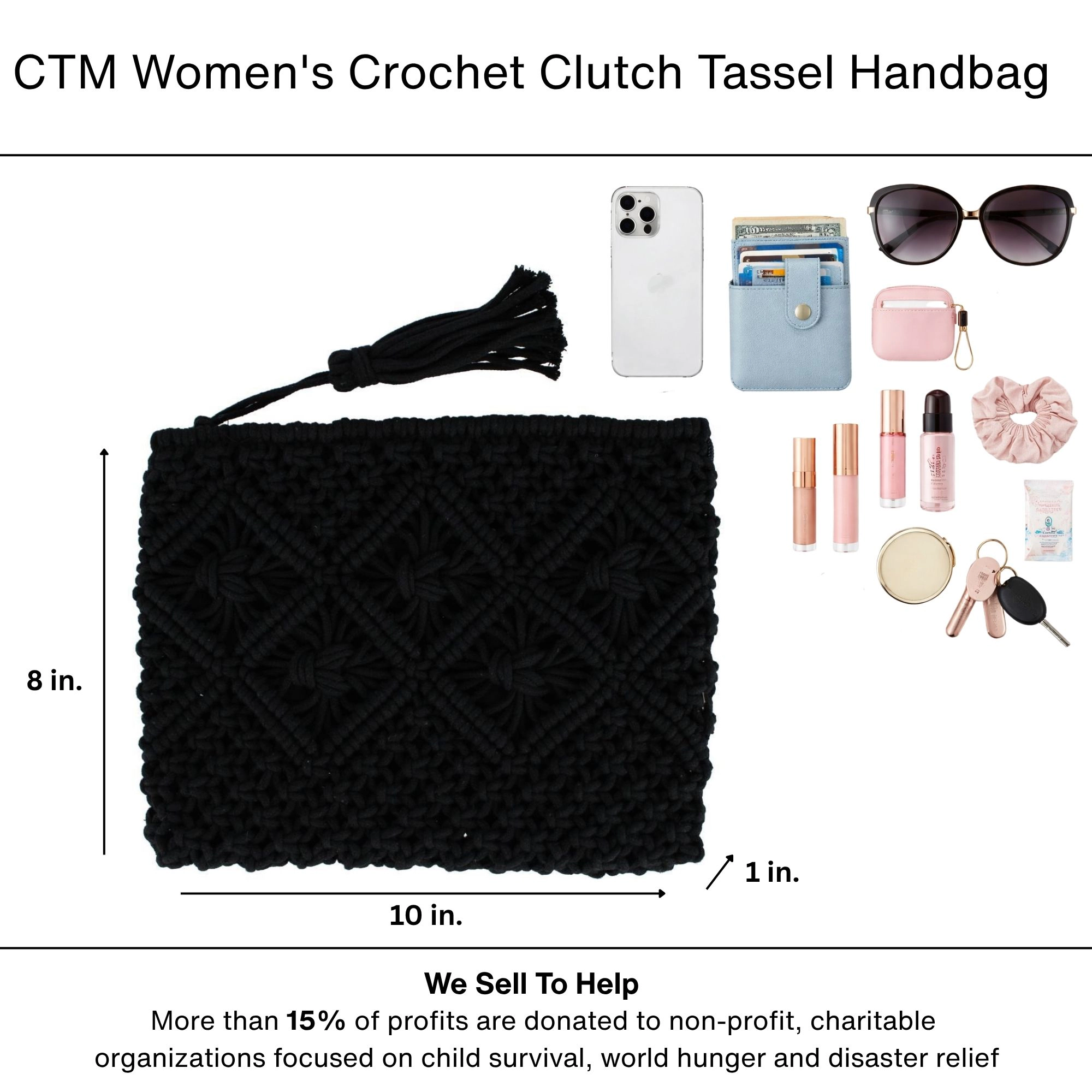 CTM Women's Crochet Clutch Tassel Handbag