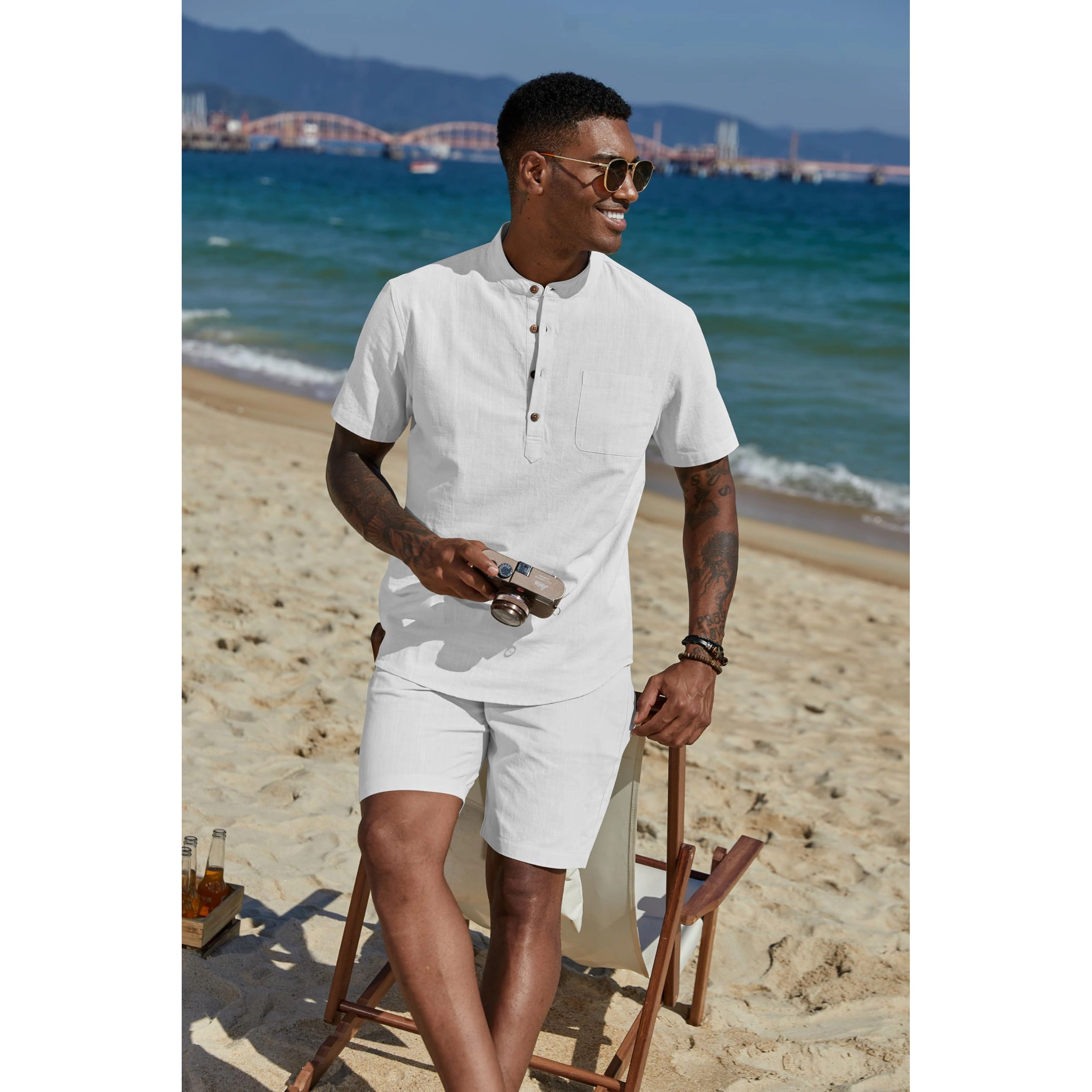 COOFANDY Men's Regular Fit Henley Neck Short Sleeve Shirt and Shorts Two Piece Set