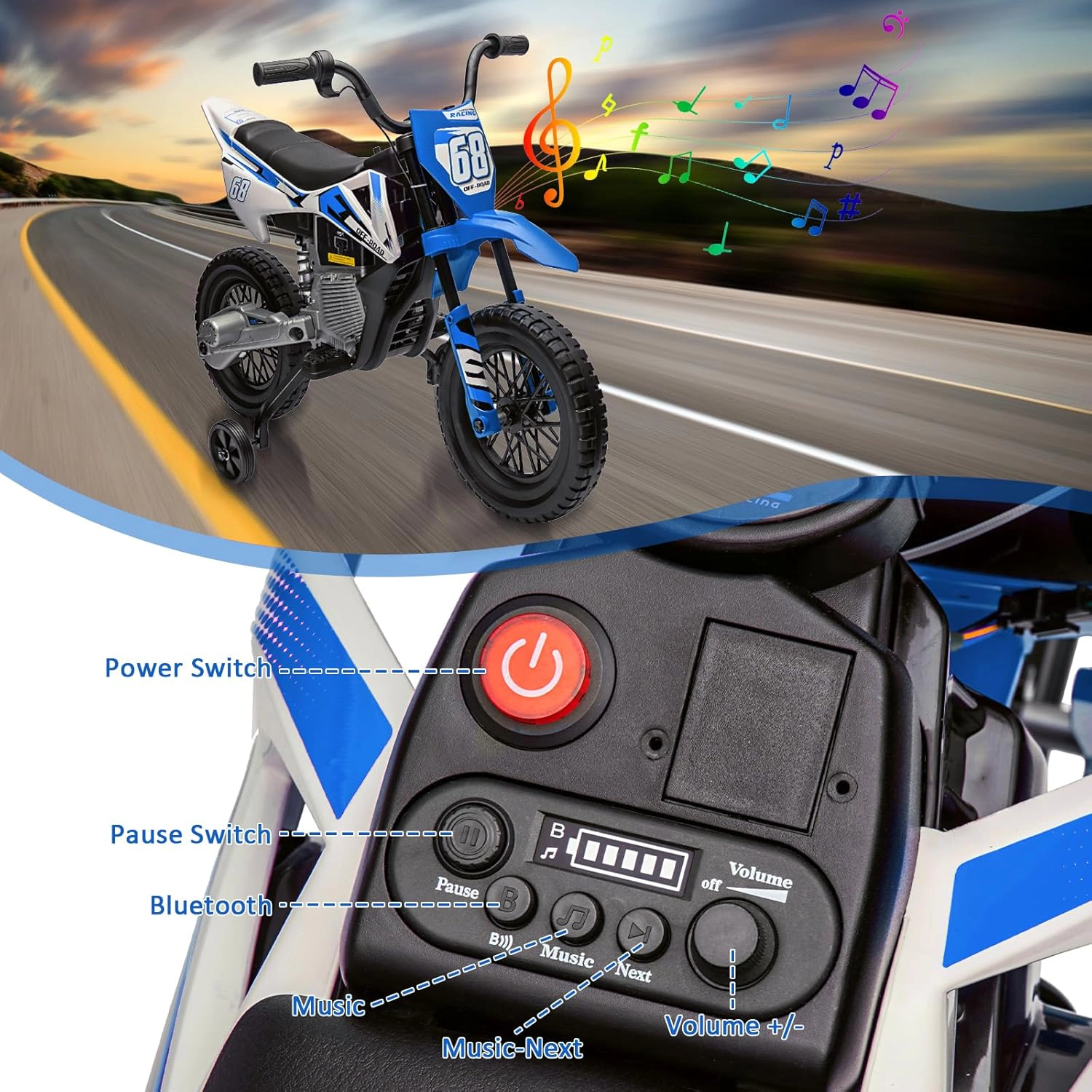 12V Kids Electric Motorcycle w/Training Wheels, Dirt Bike Ride On Toy w/Twist Throttle, Music, Suspension, 3 MPH Max