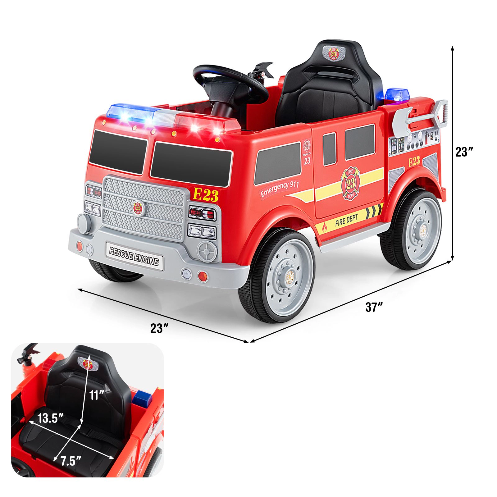 SlickBlue Electric Fire Truck Toy Car with Music, Storage Compartment, and Safety Belt