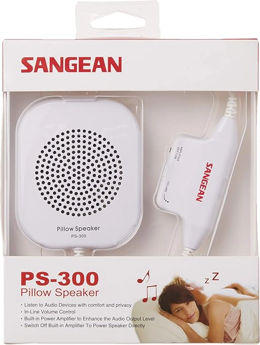 SANGEAN PS-300 Pillow Speaker with In-Line Volume Control and Built-In Amplifier, White