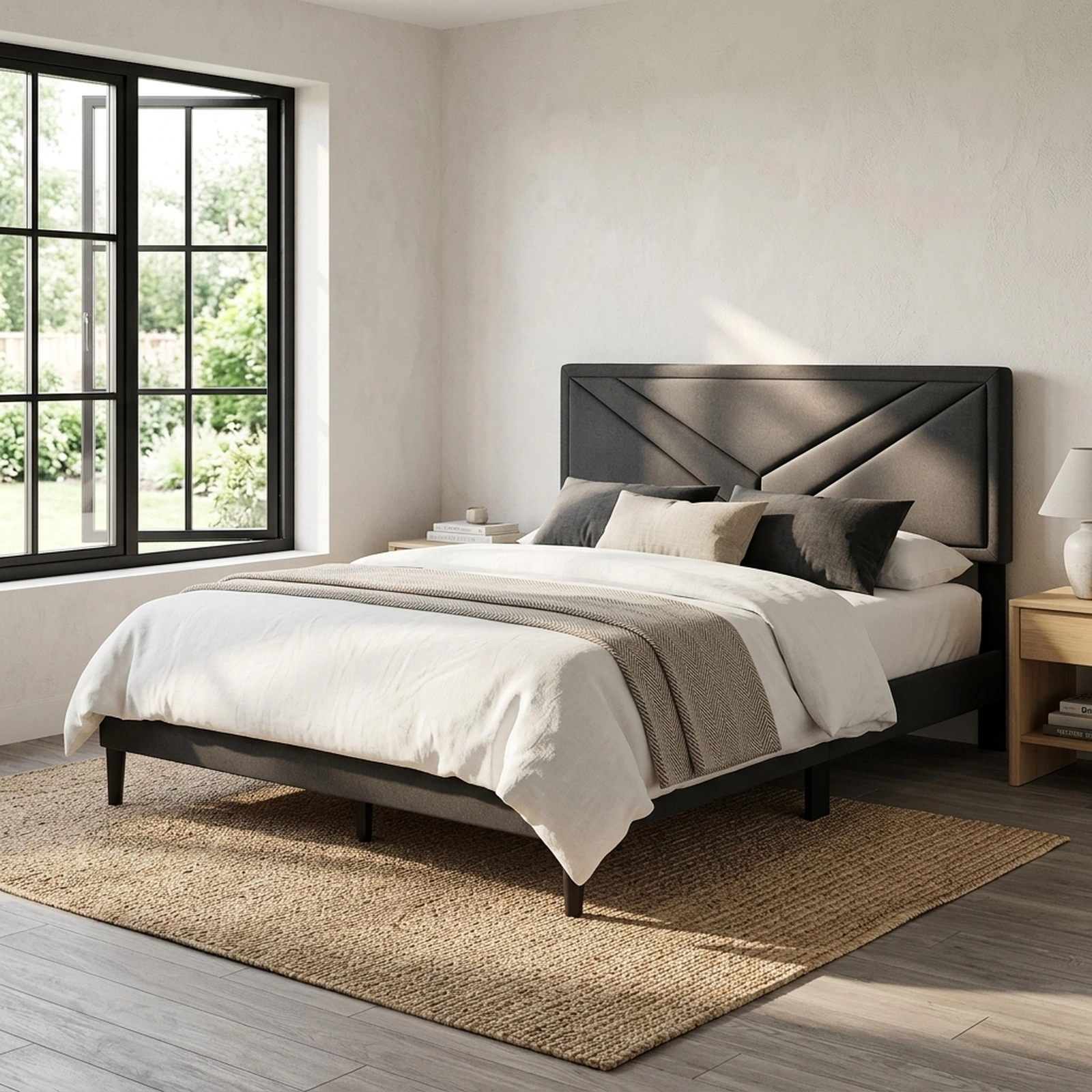 SUGIFT Queen Upholstered Platform Bed, Gray Faux Linen Tufted Panel Headboard