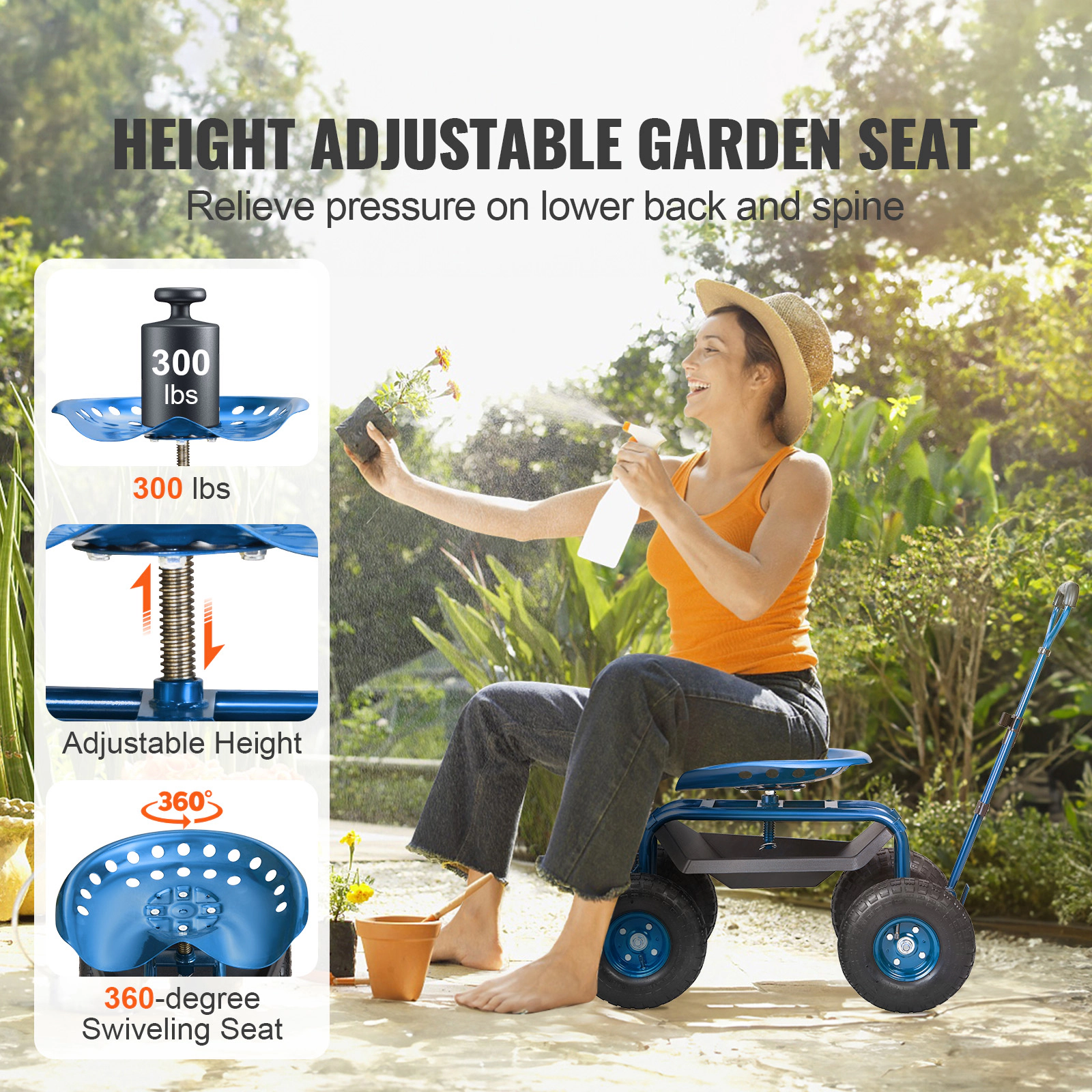 HONGGE Garden Seat with Rolling Stool Gardening Cart Storage for Yard