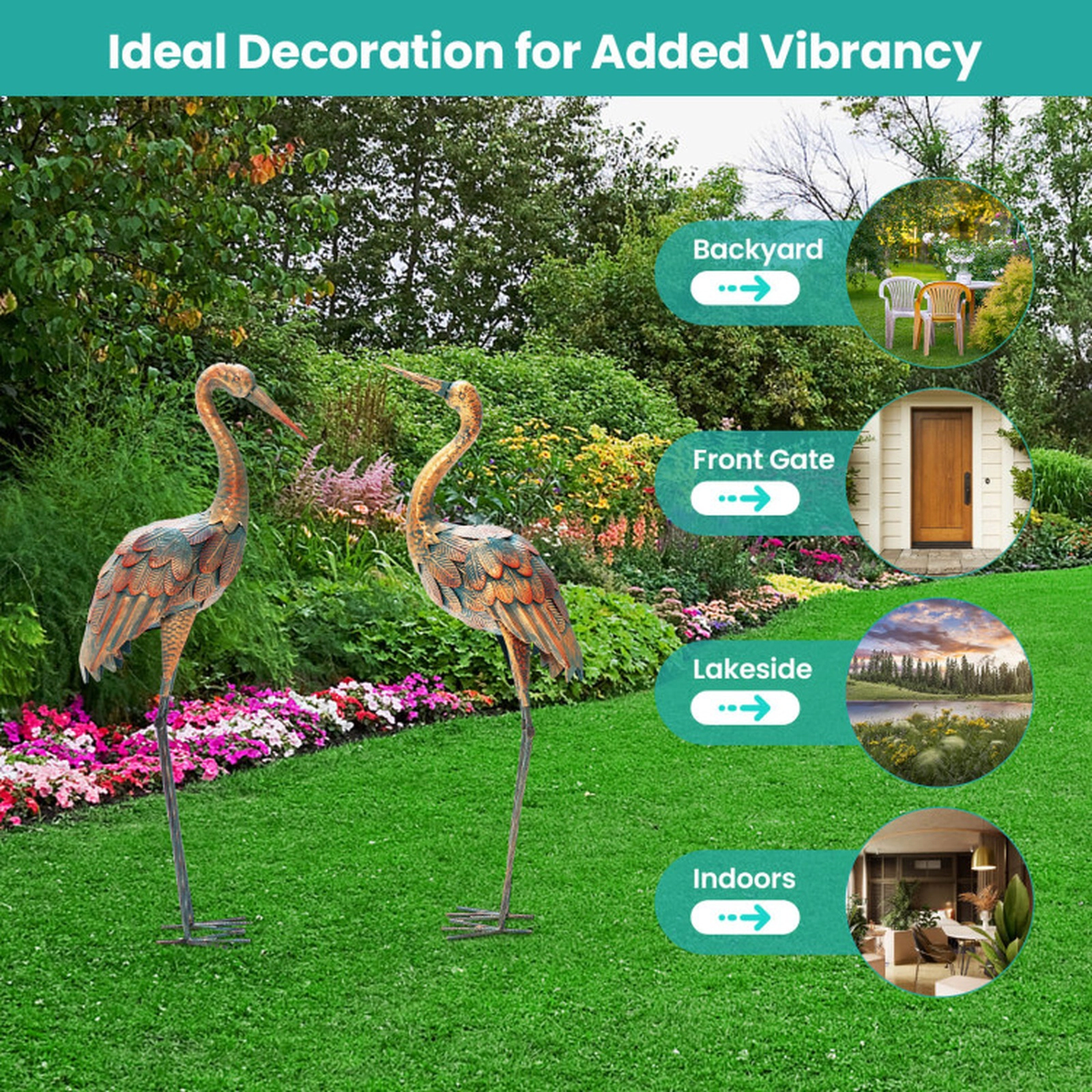 SUGIFT Set of 2 Multicolor Metal Crane Garden Statues with Gradient Feathers 34-in H and 33.5-in H