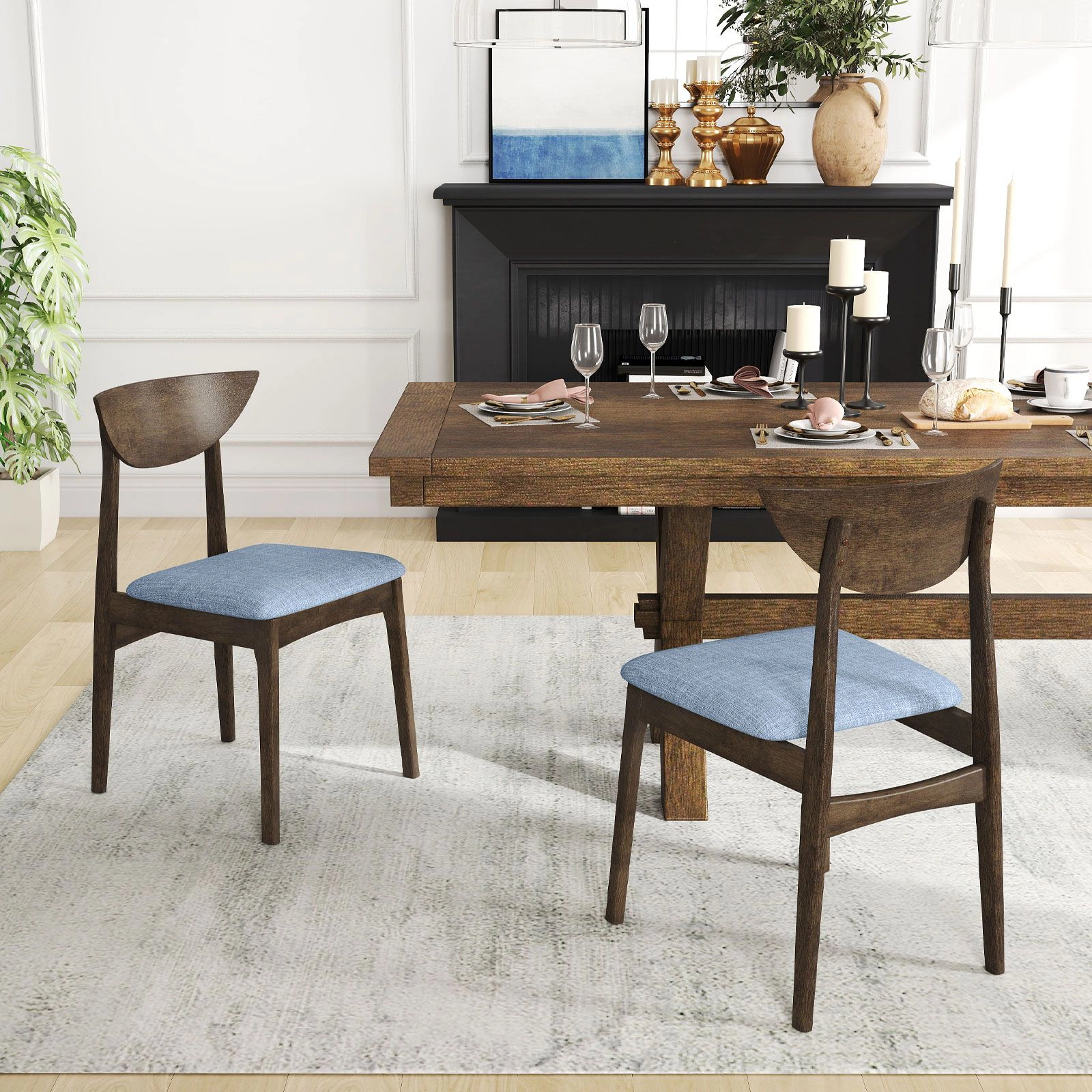SlickBlue Farmhouse Wooden Armchairs with Linen Seat Set of 2